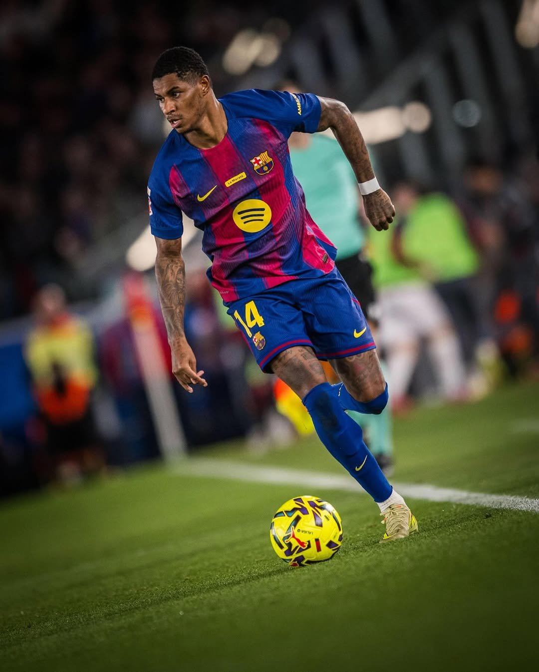 Photo shared by MR14 on December 13, 2025 tagging @fcbarcelona. May be an image of football, soccer, cleats, ball, stadium and text.