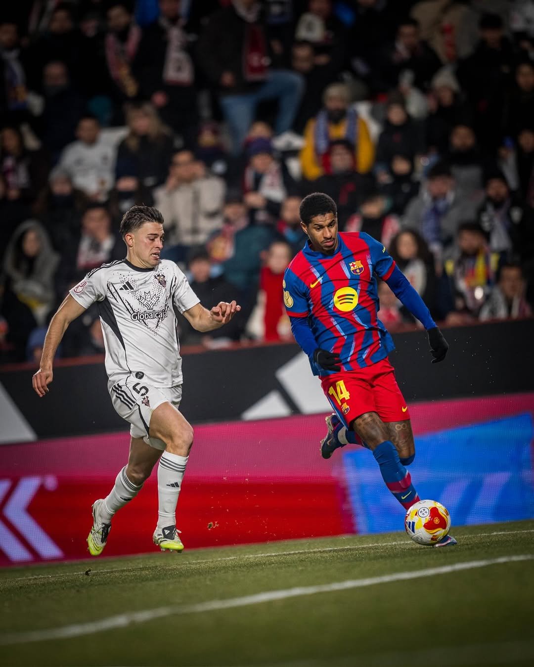 Photo shared by MR14 on February 03, 2026 tagging @fcbarcelona. May be an image of football, soccer, cleats, ball, stadium and text.