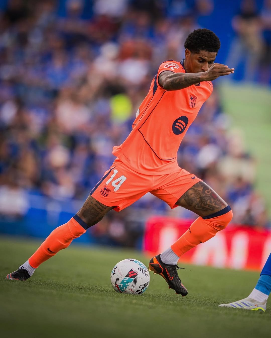 Photo shared by MR14 on April 25, 2026 tagging @fcbarcelona. May be an image of football, soccer, cleats, ball, stadium and text that says '(١ Nr 14 Kиι'.