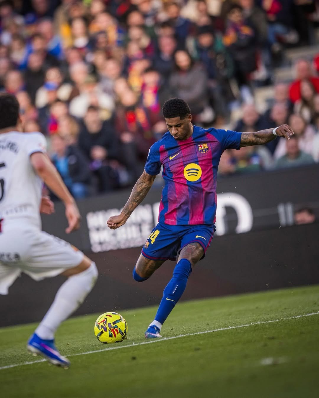 Photo shared by MR14 on February 07, 2026 tagging @fcbarcelona. May be an image of football, soccer, cleats, ball, stadium and text.