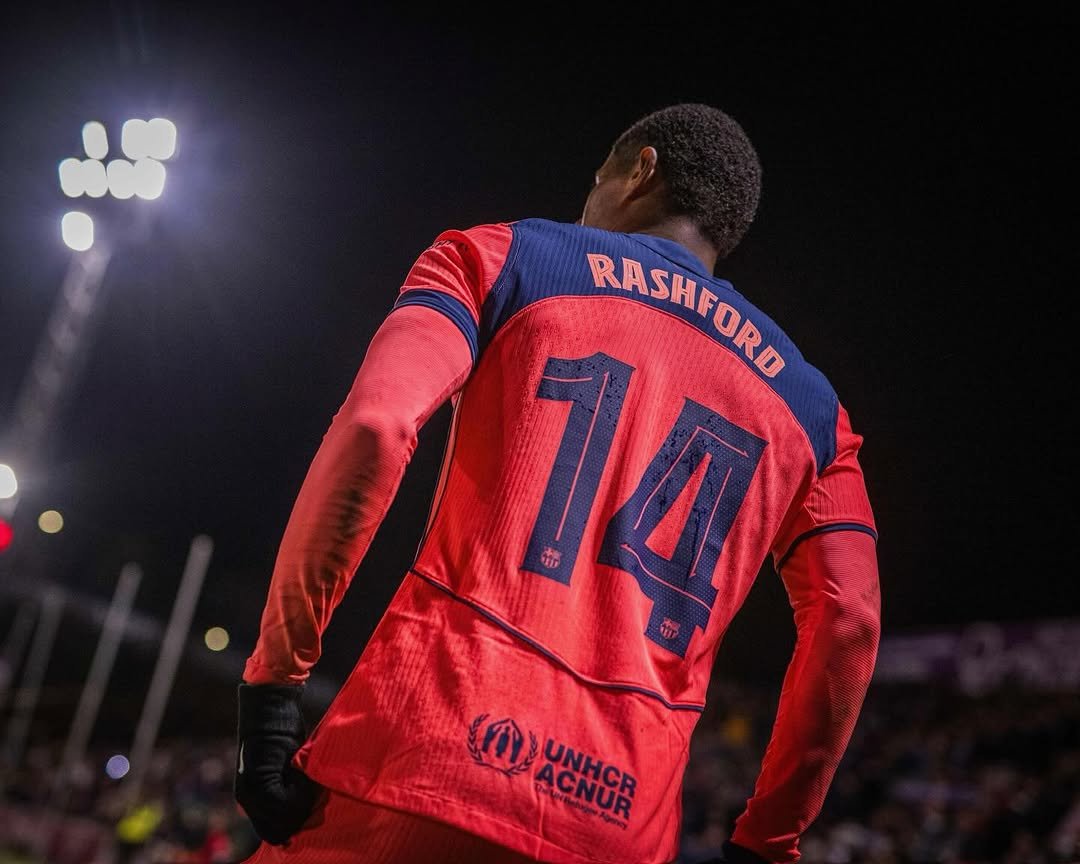 Photo shared by MR14 on December 16, 2025 tagging @fcbarcelona. May be an image of football, soccer, ball, sports equipment, sportswear, stadium and text.