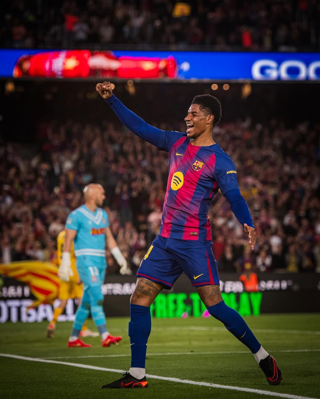 Photo shared by MR14 on April 11, 2026 tagging @fcbarcelona. May be an image of football, soccer, cleats, ball, stadium and text.