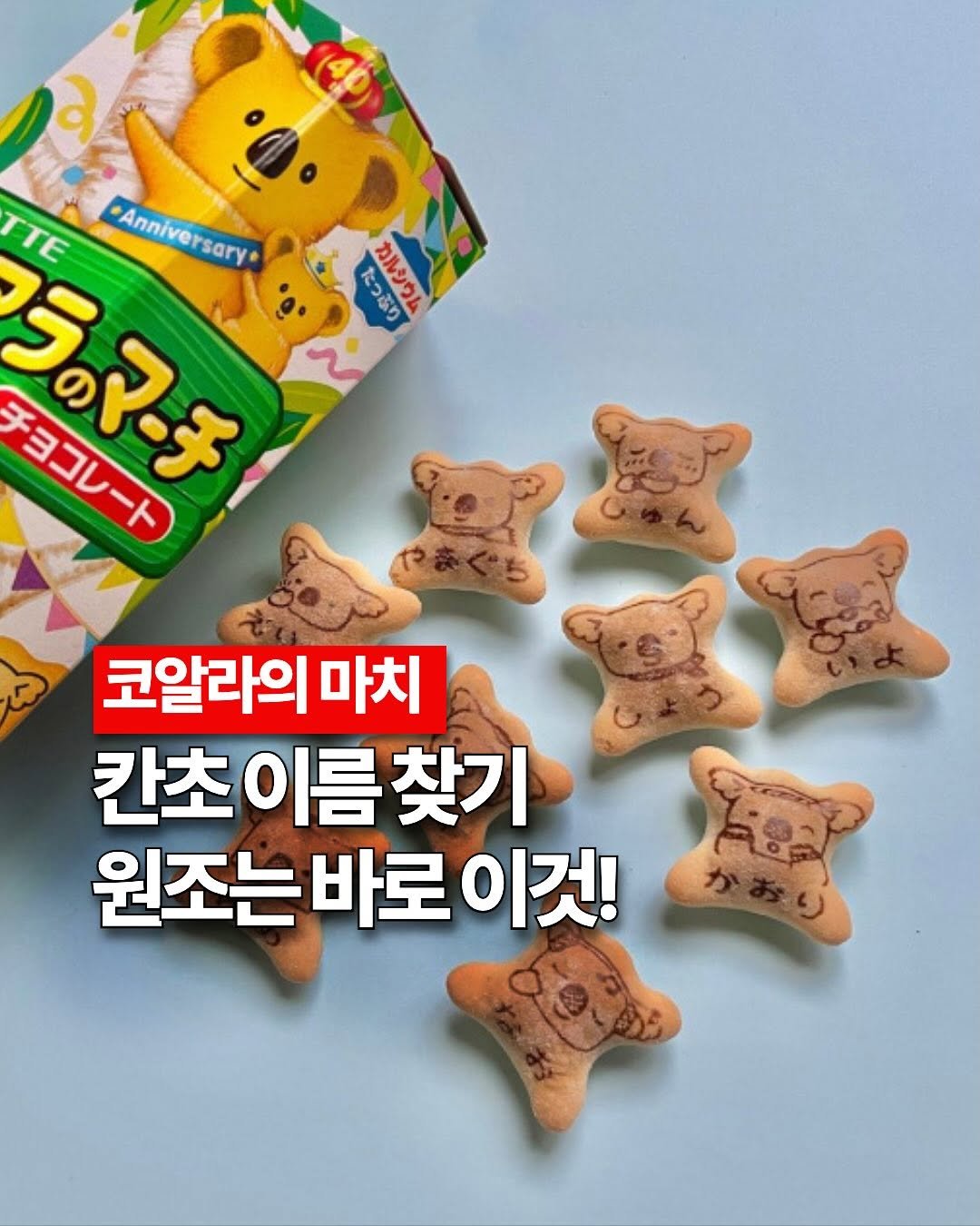 Photo by 스투시의 마케팅팩토리 on September 29, 2025. May be an image of crackers, wafer and text that says 'たっぷり クランクム カルシウム つぶり TTE Anniversary Anniversary rsary うのマーチ チョコレーク チョコレート 코알라의마치 마치 칸초 초이름찾기 이름 름찾기 원조는 원조는바로이것 바로 이것! រ'.