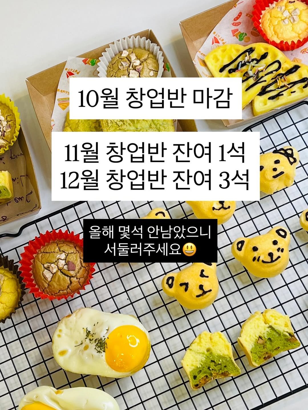Photo by 애견수제간식/강아지수제간식/펫푸드/마롱가든 on September 30, 2025. May be an image of ‎egg yolk, pie, bread and ‎text that says '‎لملد ج1ه ムサエタ！ สีตชฐู 10월 창업반 마감 11월 창업반 잔여 1석 12월 창업반 잔여 3석 올해 몇석 안남았으니 서둘러주세요 ο‎'‎‎.
