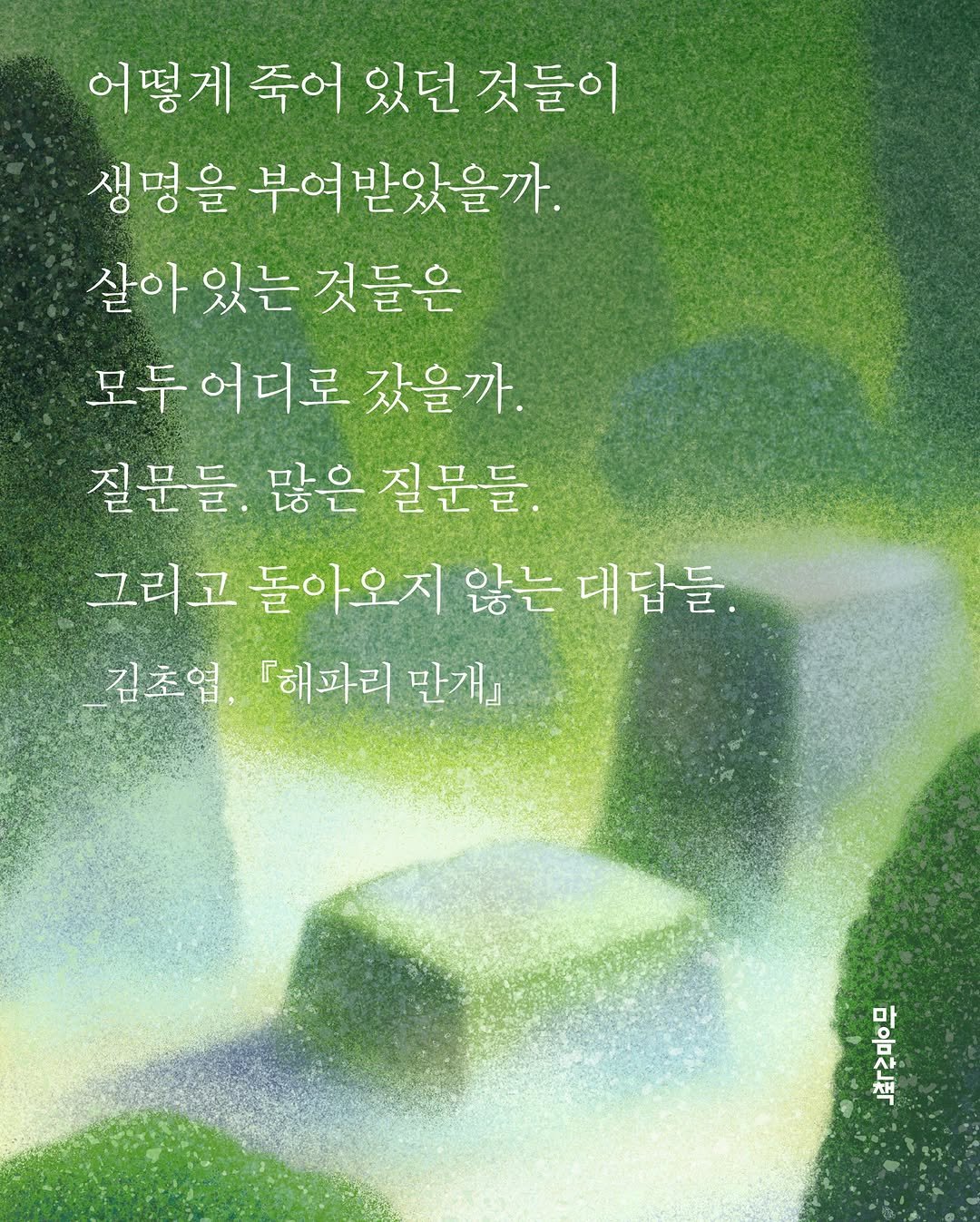 maumsanchaek 게시물 이미지: ”어떻게 죽어 있던 것들이
생명을 부여받았을까.
살아 있는 것들은
모두 어디로...