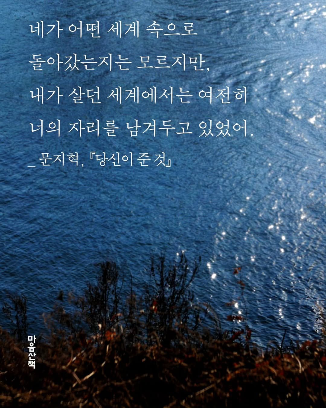 Photo by 마음산책 on February 10, 2026. May be an image of outdoors and text that says '네가 어떤 세계 네가어떤세계속으로 속으로 돌아갔는지는 모르지만, 내가 살던 세계에서는 여전히 너의 자리를 남겨두고 있었어. 문지혁, 『당신이 『당신이준것』 준것』 있는 마'.