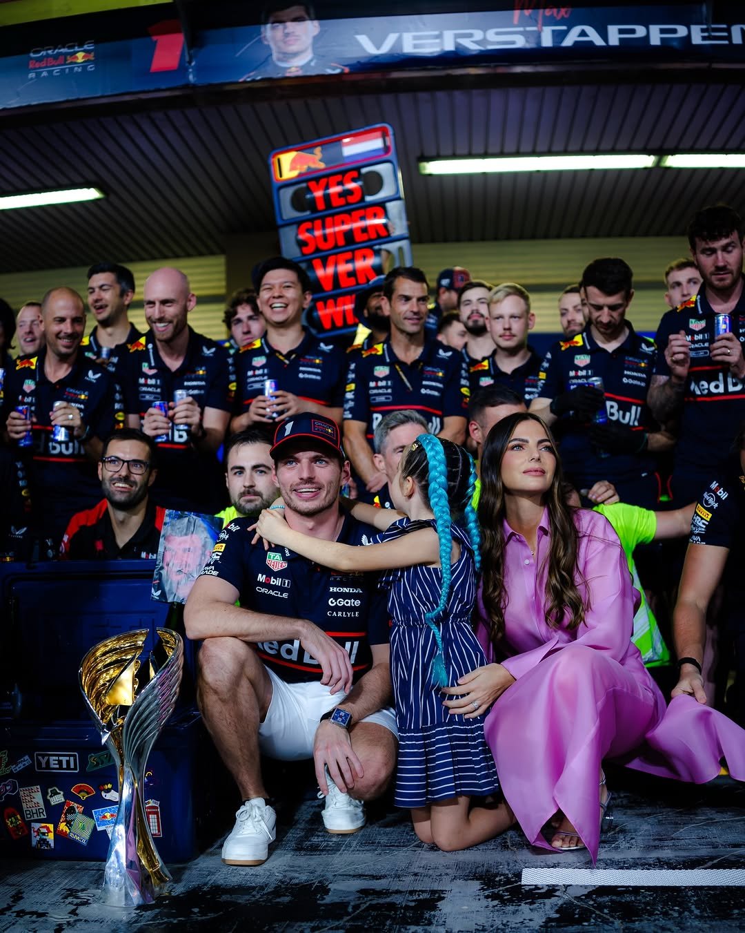 Photo shared by Max Verstappen on December 07, 2025 tagging @kellypiquet, and @redbullracing. May be an image of one or more people and text that says 'VERSTAPPEI IN YES SUPER VER WI DU ed Bul! 貼め Meblli ITir SRACLE 1 HOUNEN Ccote GGate C CлRye CART'.
