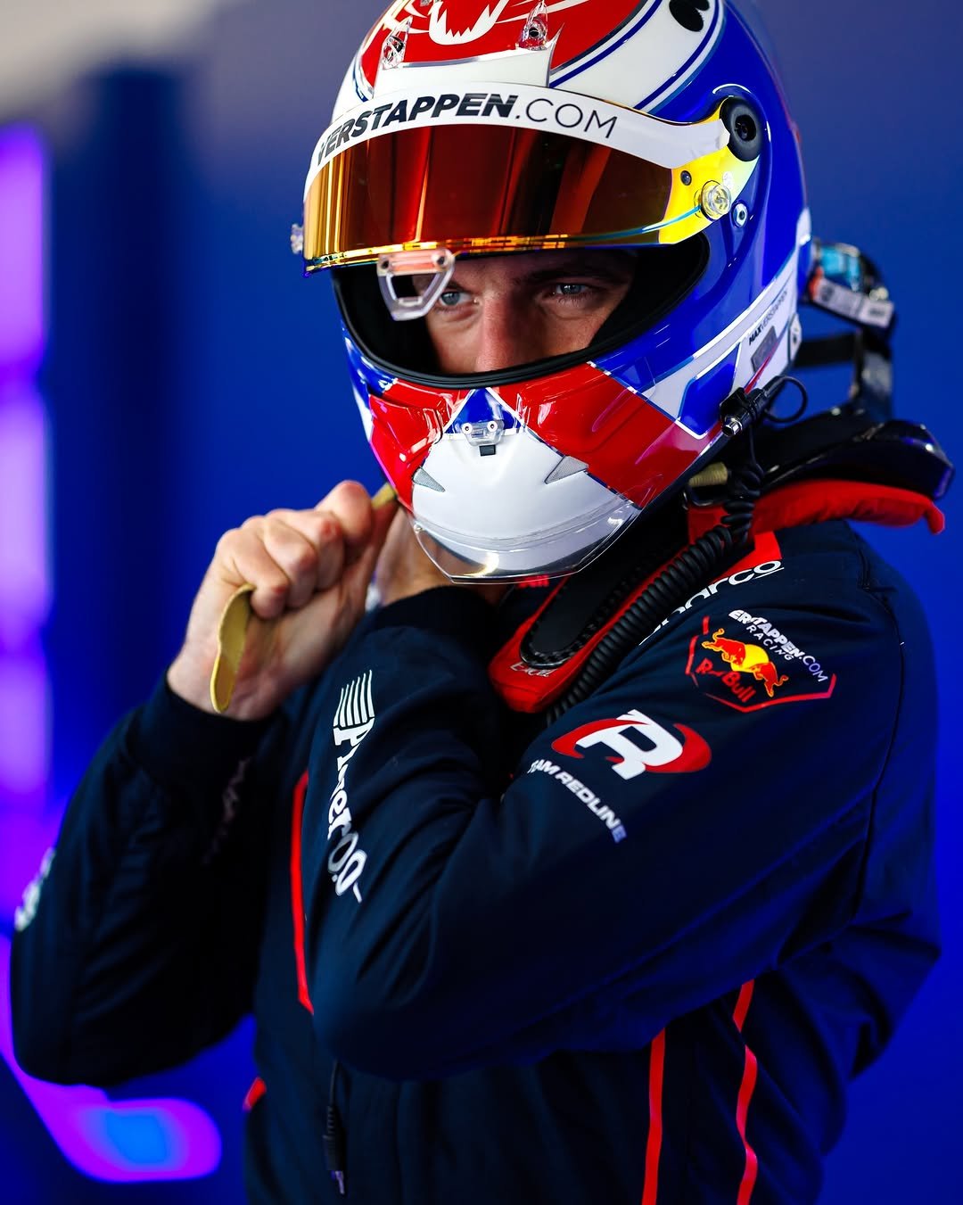 Photo shared by Max Verstappen on December 24, 2025 tagging @verstappencom. May be an image of racing vehicles, glasses, helmet and text.