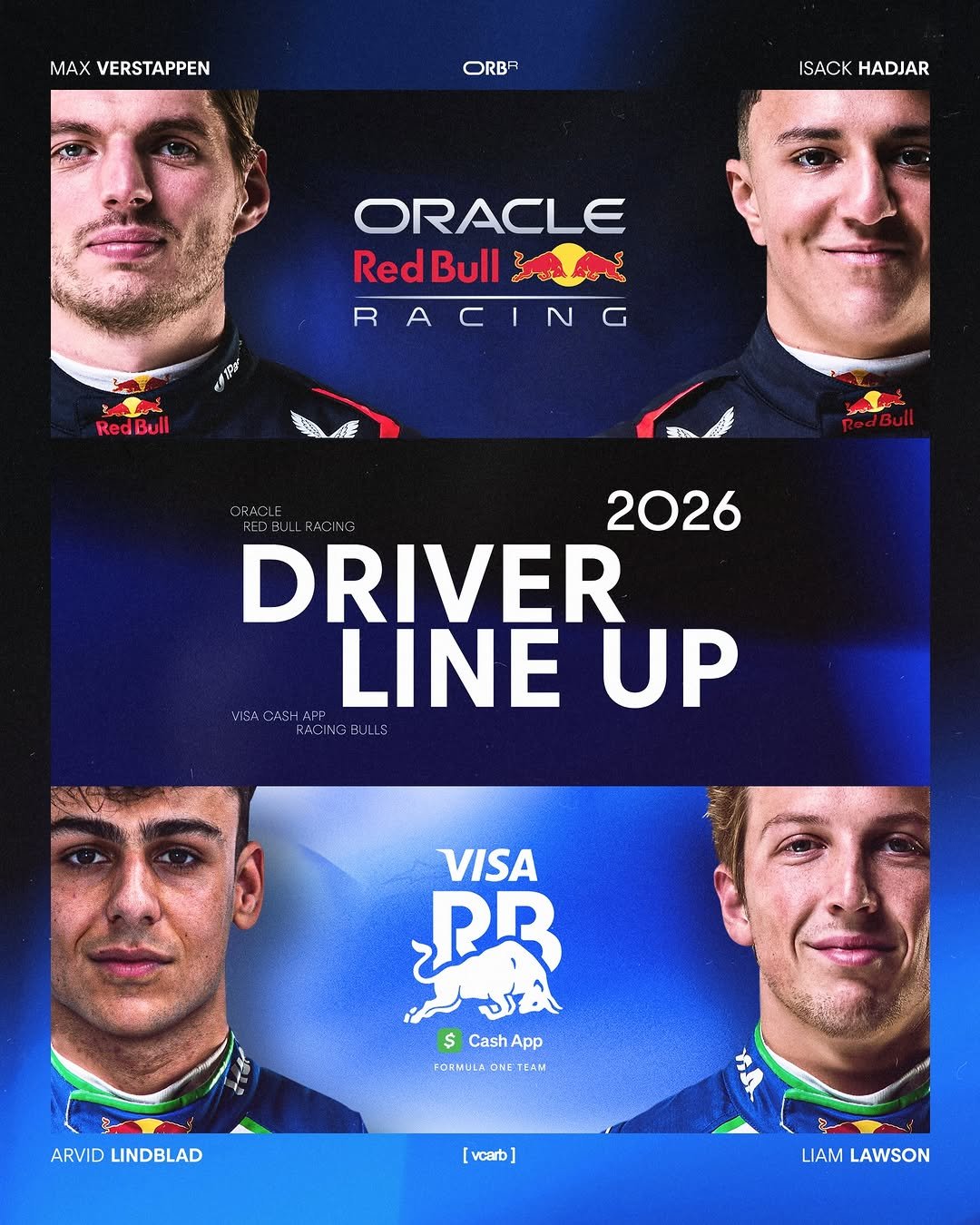 Photo shared by Red Bull on December 02, 2025 tagging @maxverstappen1, @redbullmotorsports, @liamlawson30, @arvid.lindblad, and @isackhadjar. May be an image of racing vehicles, poster, card and text that says 'MAX VERSTAPPEN ORBA ISACKHADJAR ISACK HADJAR ORACLE RedBull RedBullA SAAY R RACING た RedBull 福 蛋 RedBul ORAC 2026 DRIVER UP VIRACSIAENCBULLS RACINOBULLS ብር÷ VIR4 CASHI APP LINE VISA PB $ Cash App FORMULA ONE EΔИ ARVIDLINDBLAD ARVID LINDBLAD [vcarb] LIAM LAWSON'.