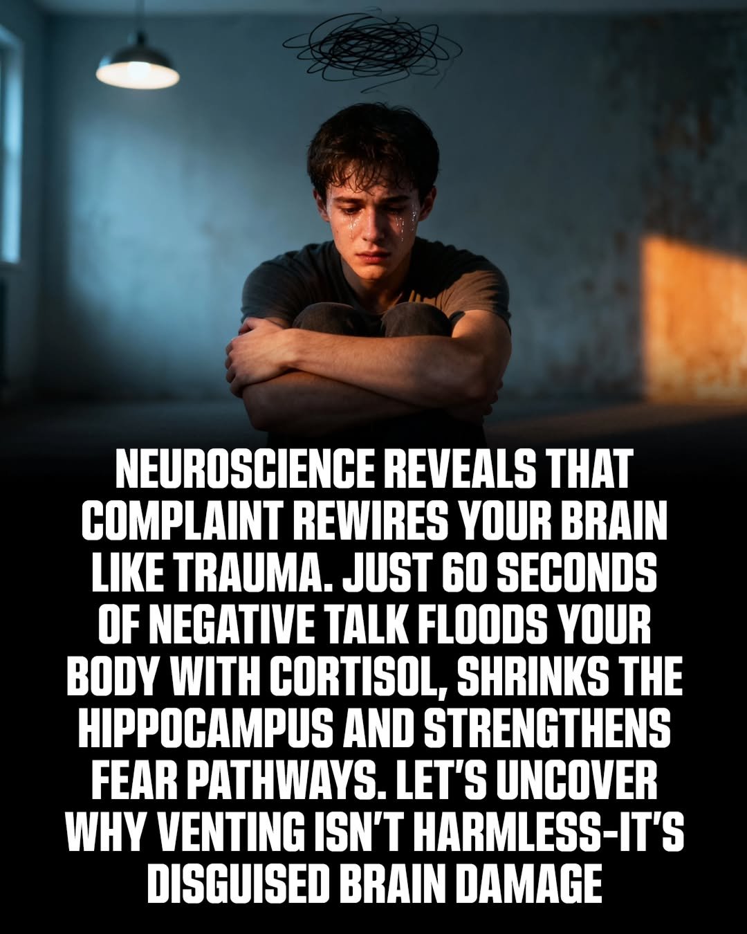 Photo by MTSBWY / Science, History, Entertainment & News on January 13, 2026. May be an image of text that says 'NEUROSCIENCE REVEALS A COMPLAINT REWIRES YOUR BRAIN LIKE TRAUMA. JUST 60 SECONDS OF NEGATIVE TALK FLOODS YOUR BODY WITH CORTISOL, SHRINKS THE HIPPOCAMPUS AND STRENGTHENS FEAR PATHWAYS. .LET LET'S UNCOVER WHY VENTING ISN'T HARMLESS-IT'S DISGUISED BRAIN DAMAGE'.