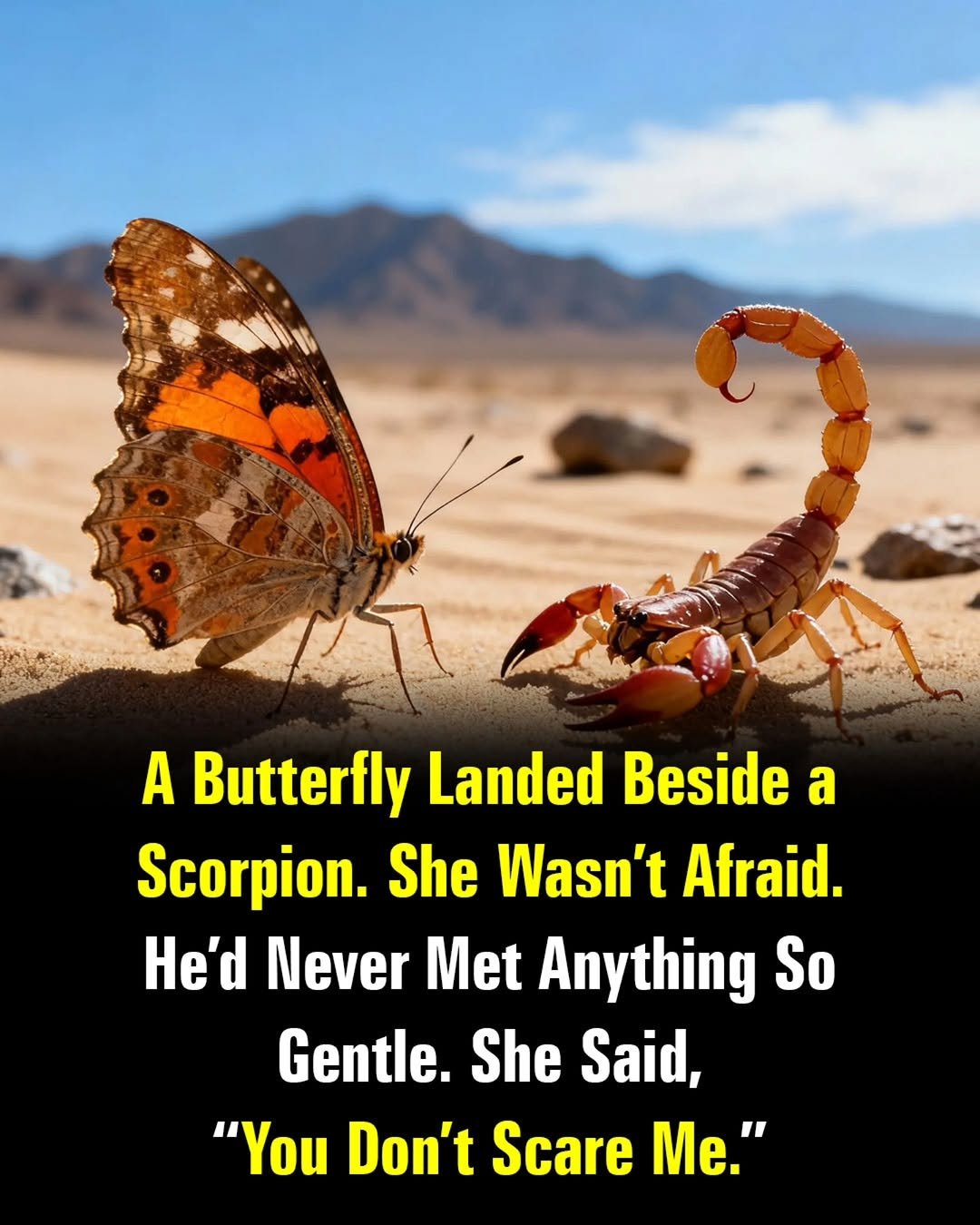 Photo by MTSBWY / Science, History, Entertainment & News on December 01, 2025. May be an image of centipede, scorpion and text that says 'A Butterfly Landed Beside a Scorpion. She Wasn't Afraid. He'd Never Met Anything So Gentle. She Said, "You Don't Scare Me."'.