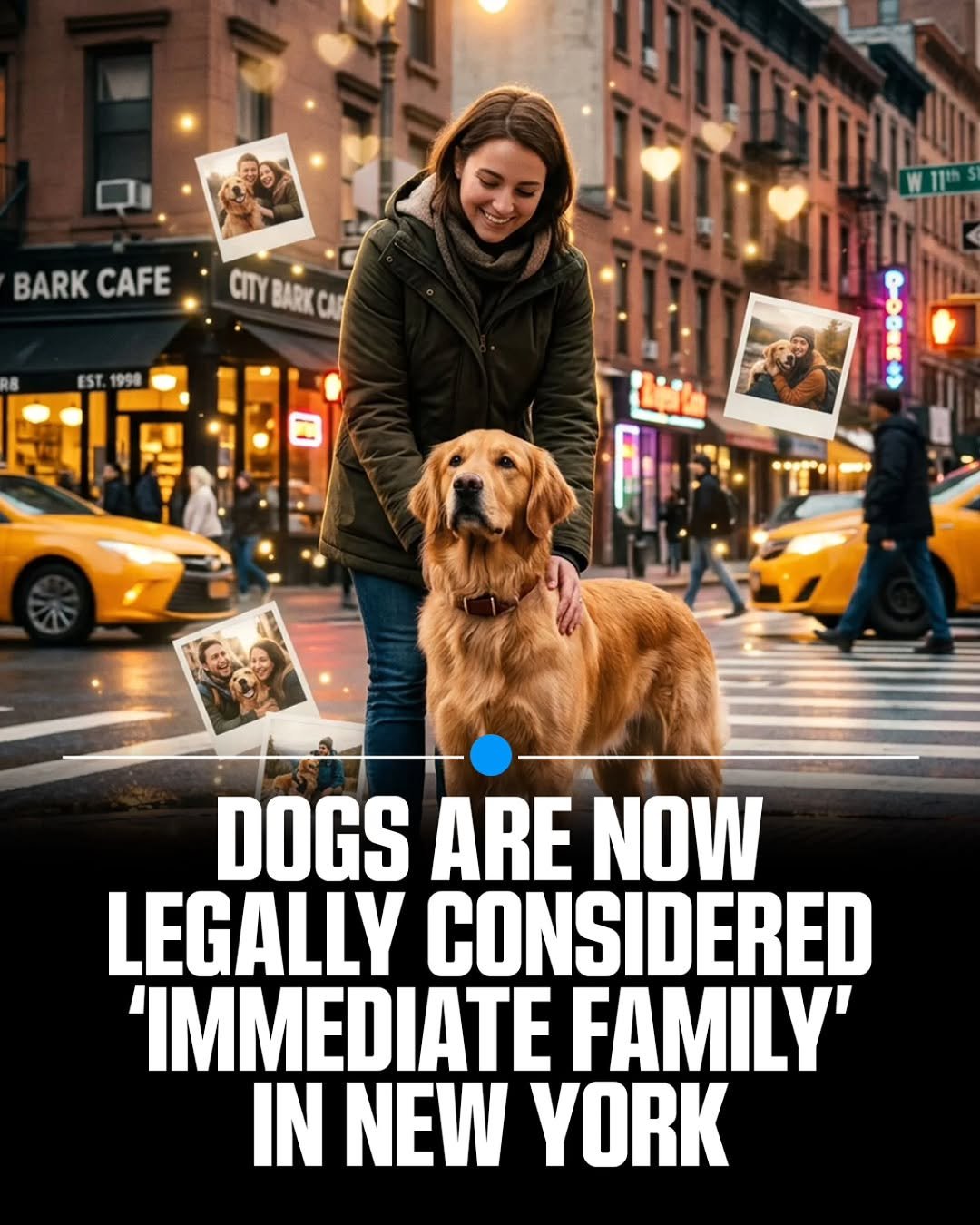 Photo by MTSBWY / Science, History, Entertainment & News on February 28, 2026. May be an image of golden retriever, poster and text that says 'BARK BARKCAFE CAFE CITY ITYBARKCA BARK EST 1990 DOGS ARE NOW LEGALLY CONSIDERED IMMEDIATE FAMILY' IN NEW YORK'.