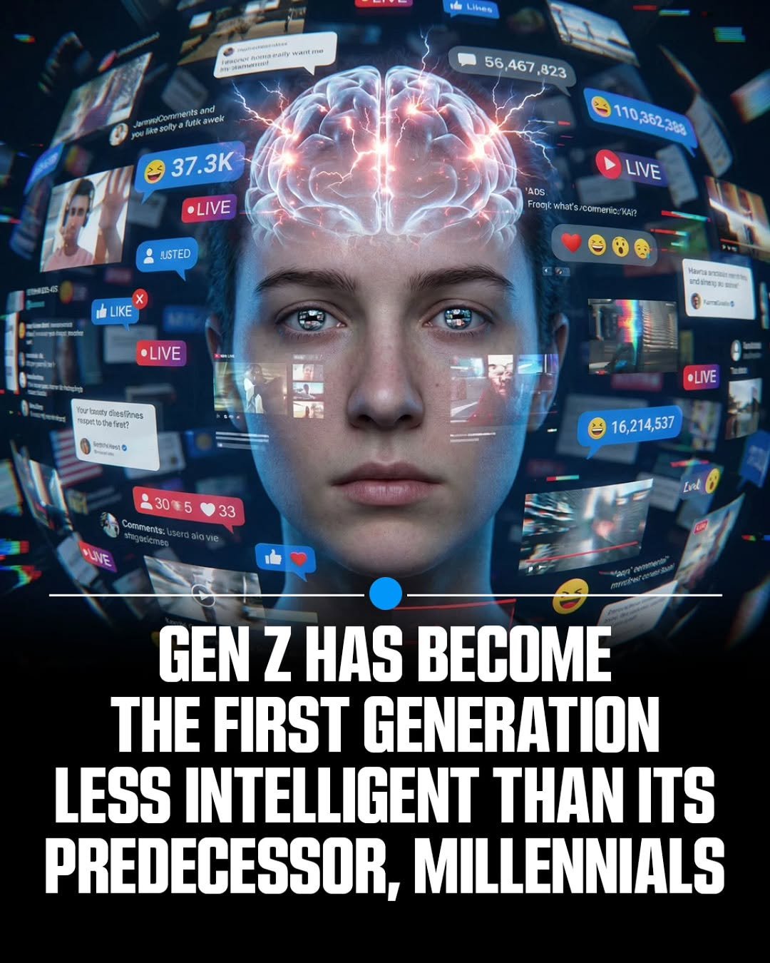 Photo by MTSBWY / Science, History, Entertainment & News on February 28, 2026. May be an image of text that says 'Lihes Iromeud awer 56 56,467 ,823 37.3K •LIVE 110,362.2306 AUSTED LIVE ADS Froey Enats/Comerig/ken what's comeric:KAn? x LIKE LIKE •LIVE .無果 SosPines ang SeNN •LIVE 305 33 comments: 16,214,537 神期 LIVE Enl GEN Z HAS BECOME THE FIRST GENERATION LESS INTELLIGENT THAN ITS PREDECESSOR, MILLENNIALS'.