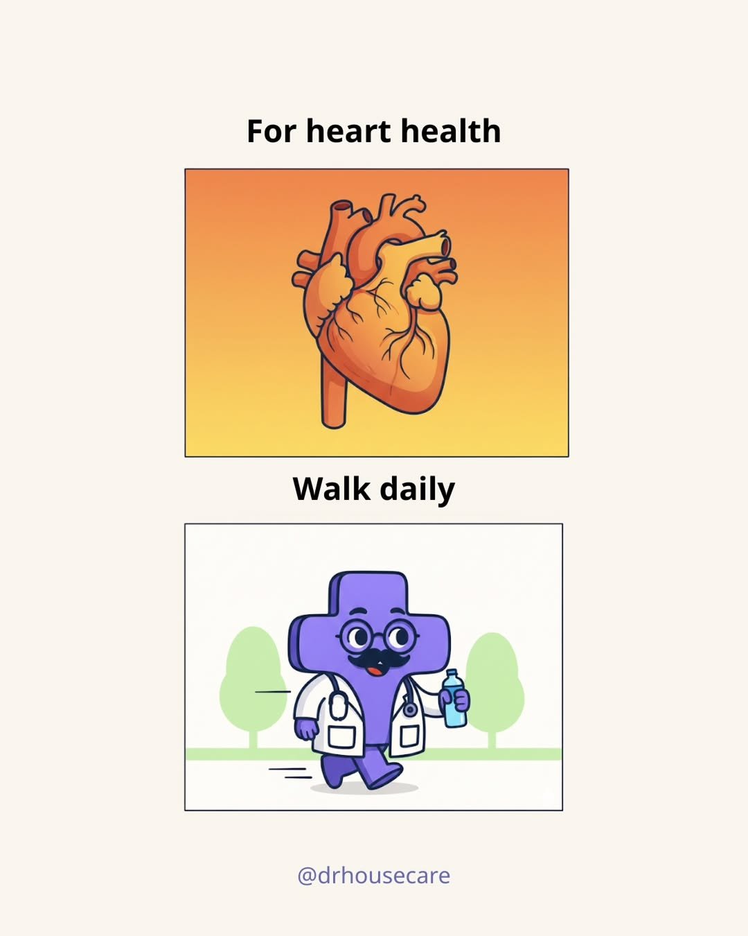 Photo shared by MTSBWY / Science, History, Entertainment & News on February 28, 2026 tagging @drhousecare. May be an illustration of heart, poster, stethoscope and text that says 'For heart Forhearthealth health Walk Walkdaily alkdaily daily @drhousecare'.