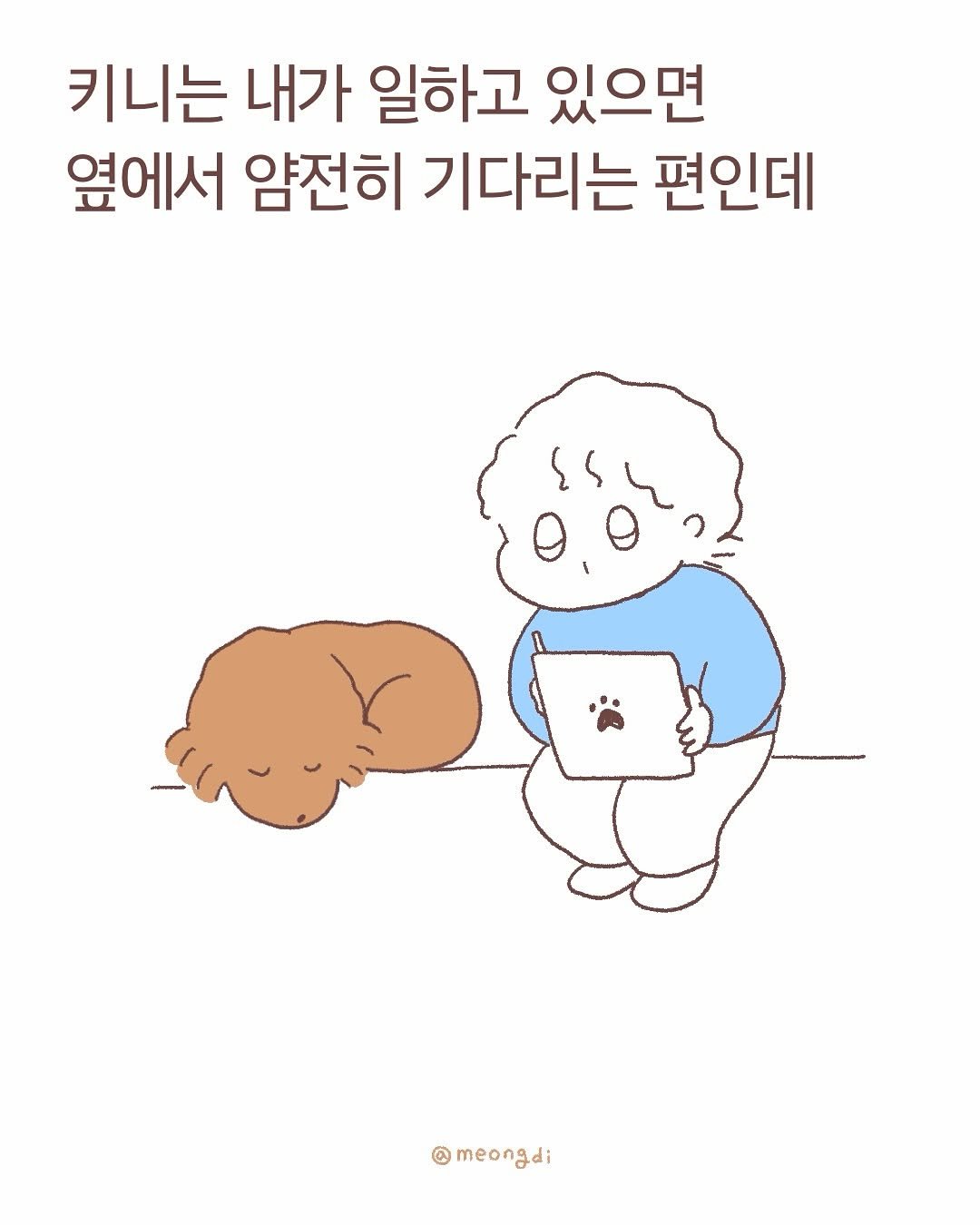 Photo by 멍디 on November 06, 2025. May be a doodle of text that says '키니는 내가 일하고 있으면 옆에서 얌전히 기다리는 편인데 meongdi'.