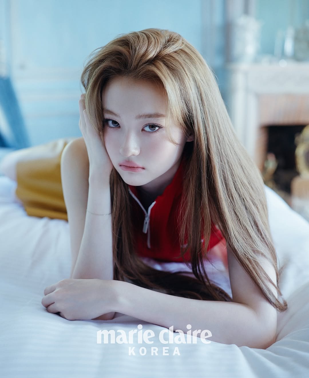Photo shared by MEOVV on November 16, 2025 tagging @miumiu. May be an image of one or more people, braids, makeup and text that says 'marie mariecaire caire KOREA'.