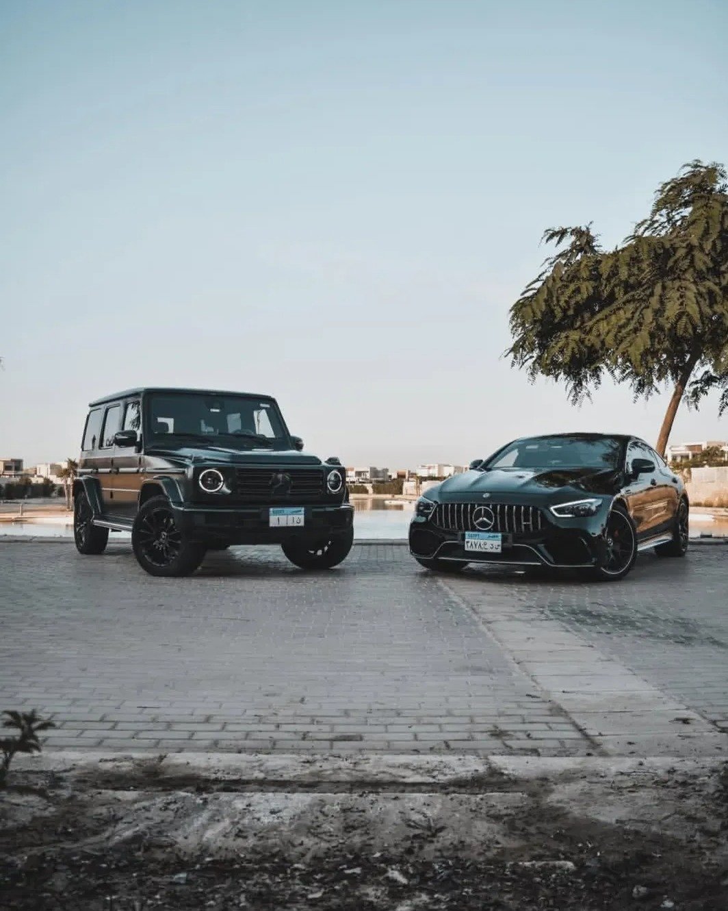 A black Mercedes-Benz G-Class SUV and a black Mercedes-AMG GT car parked on a paved area near a body of water. The skyline is visible in the background, along with a green tree on the left side of the image. The sky is clear and blue.