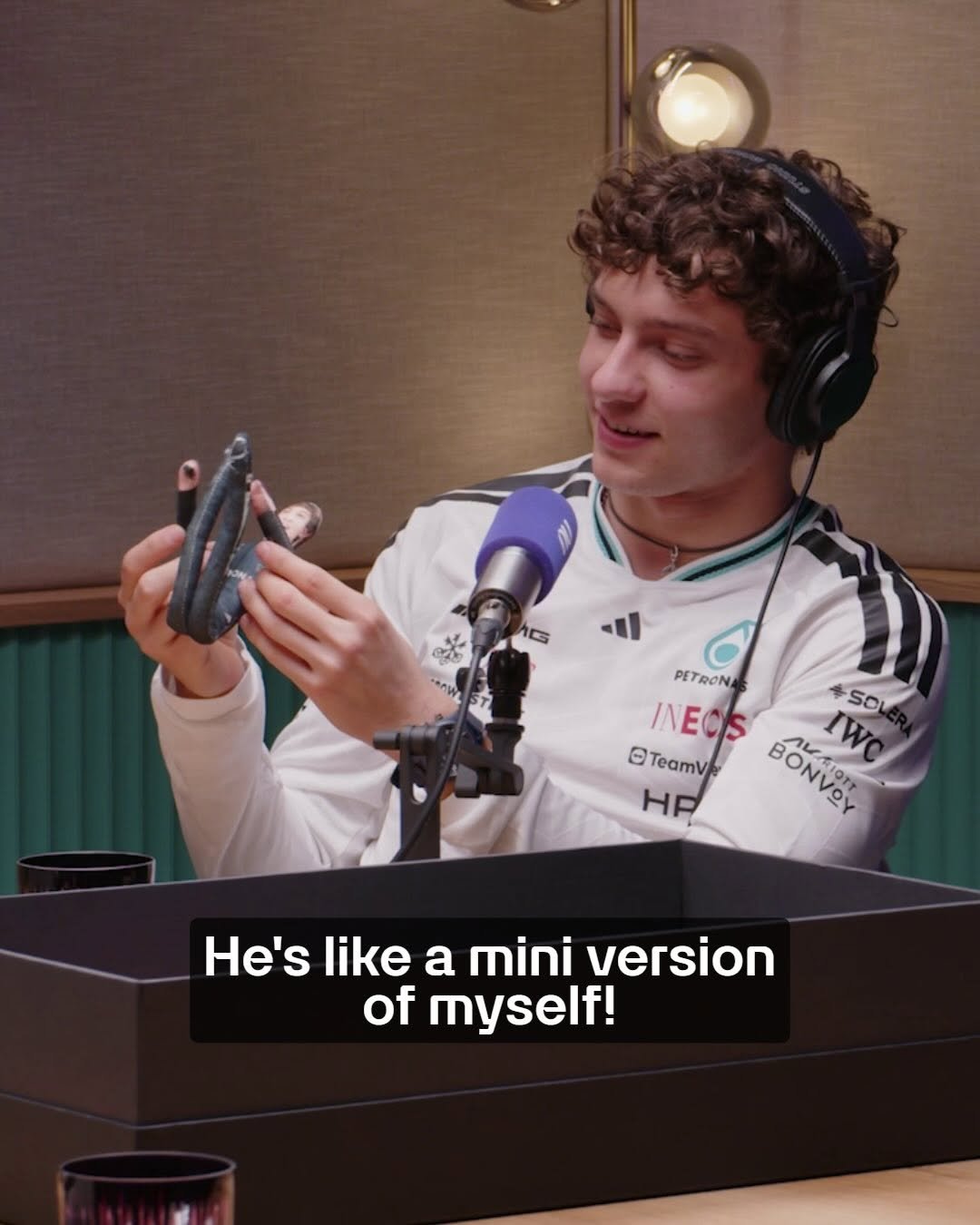 Photo shared by Mercedes-AMG PETRONAS F1 Team on April 28, 2026 tagging @kimi.antonelli, and @hello.nu. May be a Twitter screenshot of text that says 'PETRONA PETR INEOS 0 @TeamV HP း BONVOY ΒΟΝΩΥ IWC IWC 50 AAMIOTT He's like a mini version of myself!'.