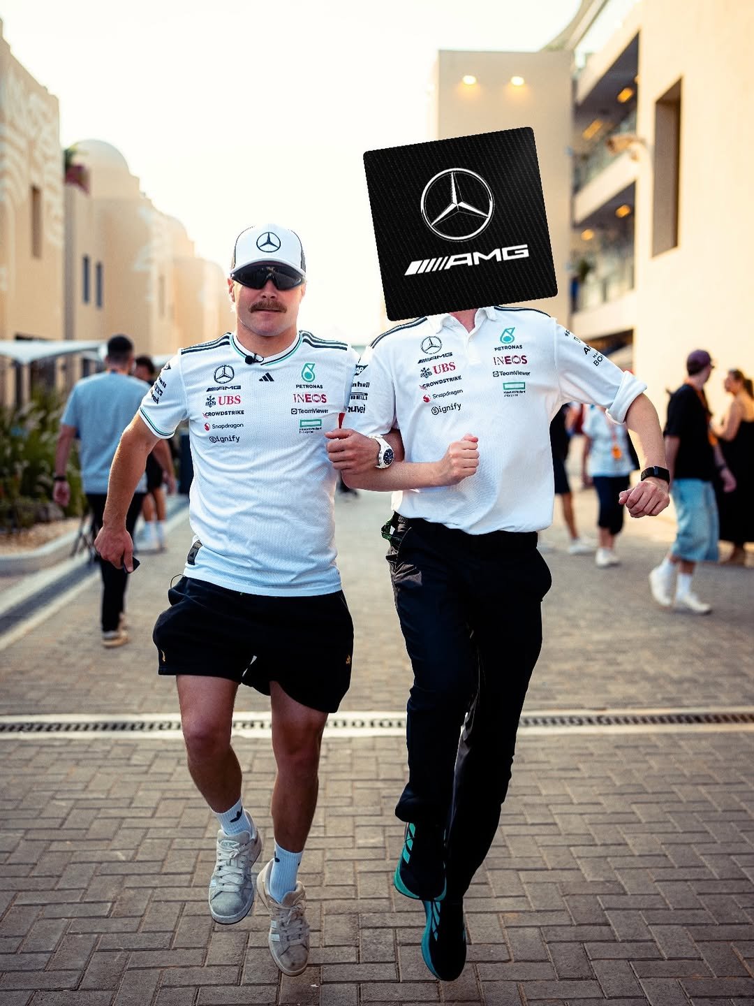 Photo by Mercedes-AMG PETRONAS F1 Team in Yas Marina Circuit with @valtteribottas. May be an image of one or more people, portable cassette player, sweat band, sportswear and text.