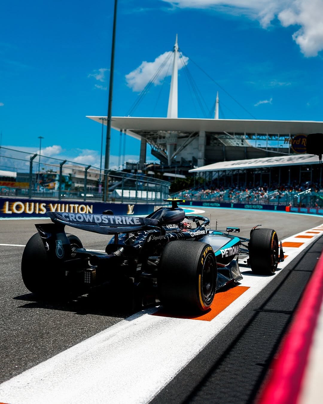 A rear-view shot of Kimi Antonelli driving the Mercedes W16 at the 2025 Miami GP