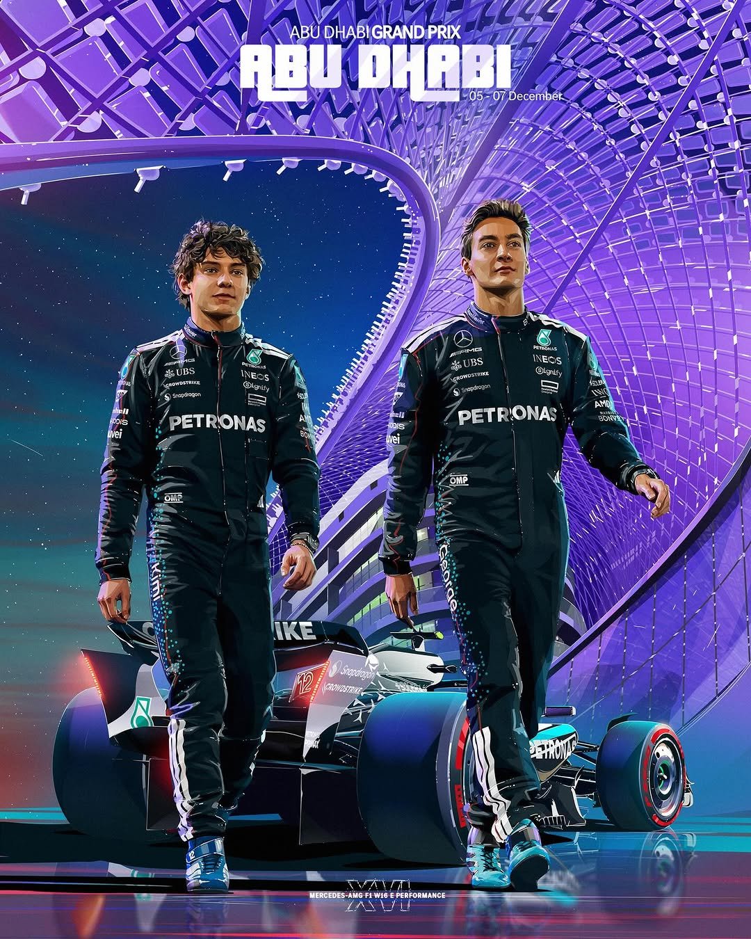 A stylized digital illustration promoting the Formula 1 Abu Dhabi Grand Prix, dated December 05-07. Mercedes-AMG Petronas drivers Kimi Antonelli and George Russell walk side-by-side toward the viewer, wearing black team racing suits with teal accents. Behind them is the rear of a Mercedes F1 car, set against a backdrop of the iconic, purple-illuminated grid architecture of the Yas Marina Circuit hotel.