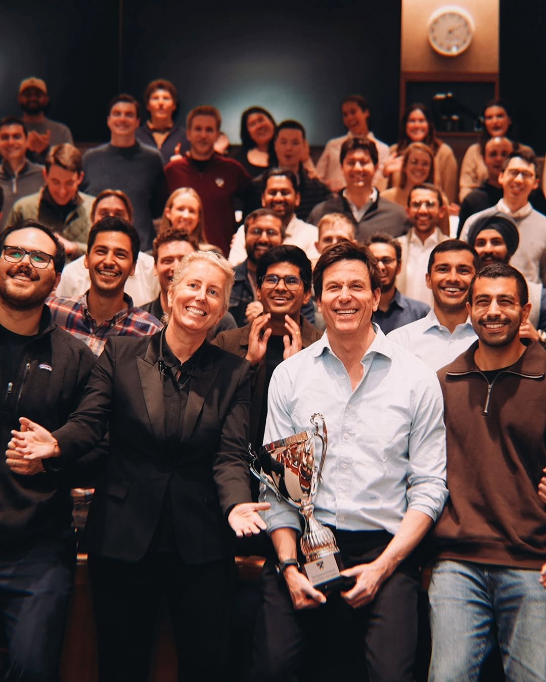 Toto Wolff smiles along with students at Harvard Business School after delivering the three-day Short Intensive Programme alongside Professor Anita Elberse