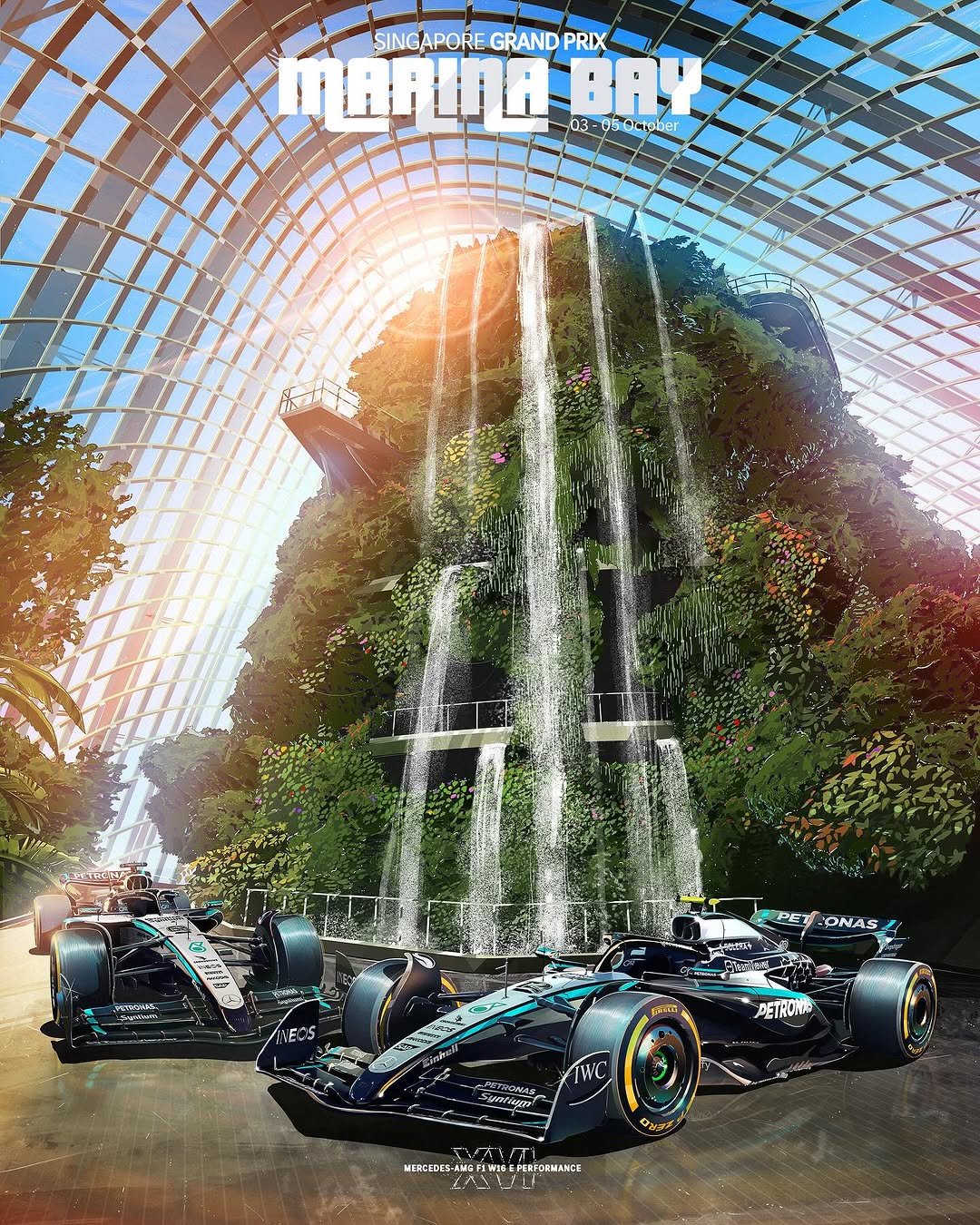 An illustrated graphic showing the two Mercedes F1 W16s parked in front of a waterfall under a glass dome