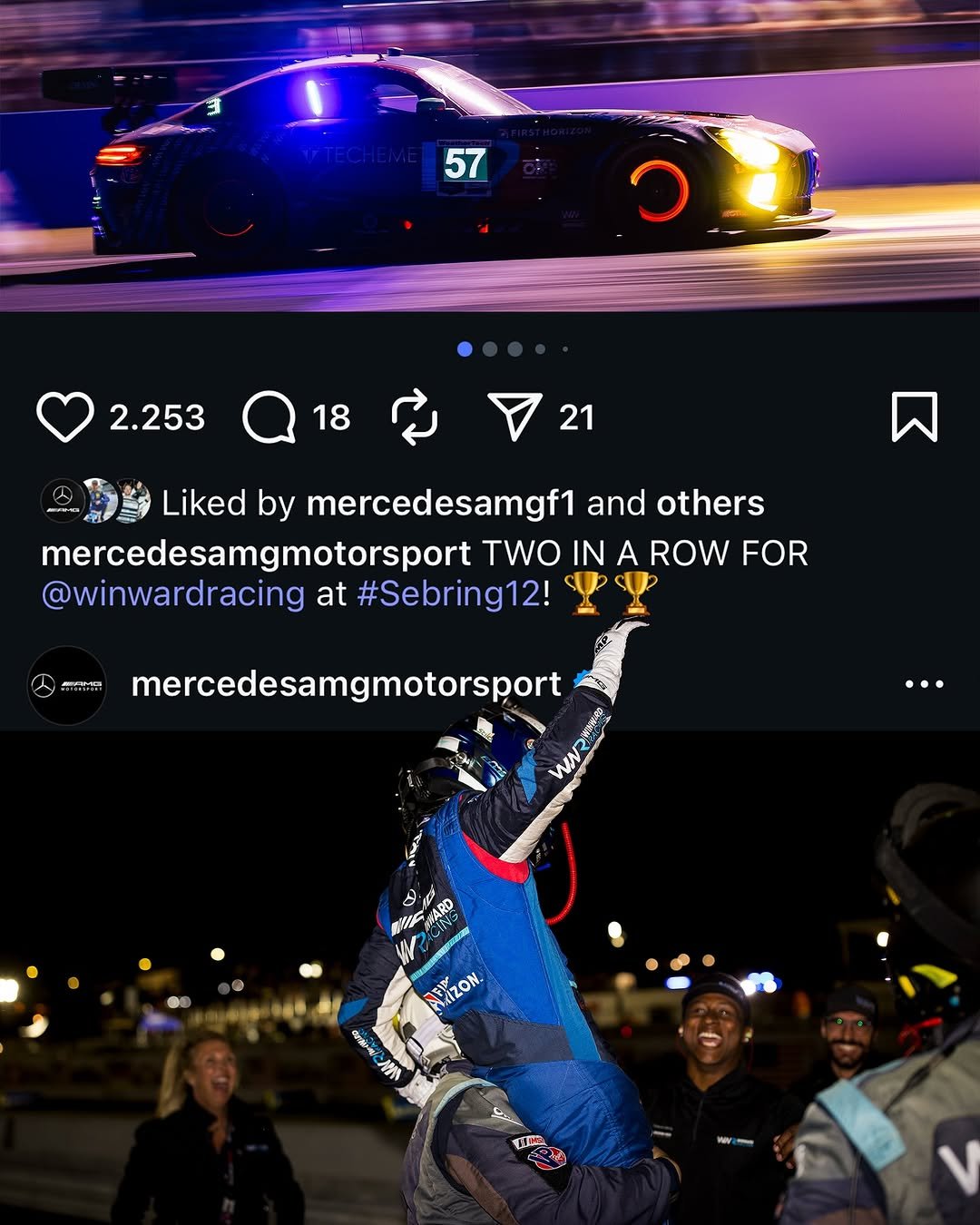Photo shared by Mercedes-AMG Motorsport on November 14, 2025 tagging @sebringraceway, @imsa_racing, @philip__ellis, @winwardracing, and @ruward92. May be an image of racing vehicles, race car and text that says '3 57 ၁ ၁ 2.253 18 21 Liked by mercedesamgf1 and others mercedesamgmotorsport TWO IN A ROW FOR @winwardracing at #Sebring12! mercedesamgmotorsport … WN Oc Hlva ARD さ HARO ADD NIZON. 中影長 养'.