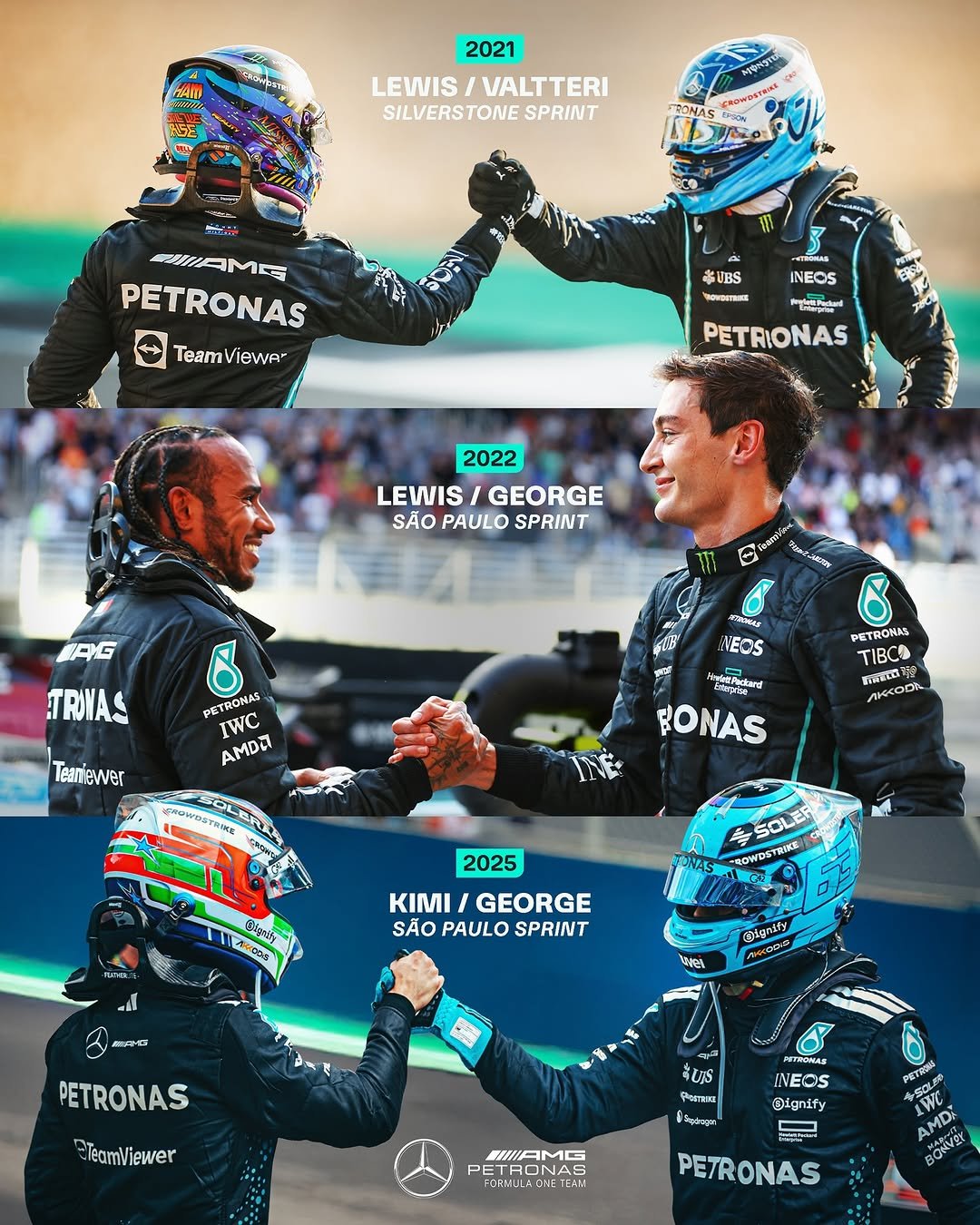 Photo shared by Mercedes-AMG PETRONAS F1 Team on November 14, 2025 tagging @lewishamilton, @georgerussell63, @valtteribottas, @kimi.antonelli, and @mercedesamgmotorsport. May be an image of racing vehicles, race car, helmet and text.