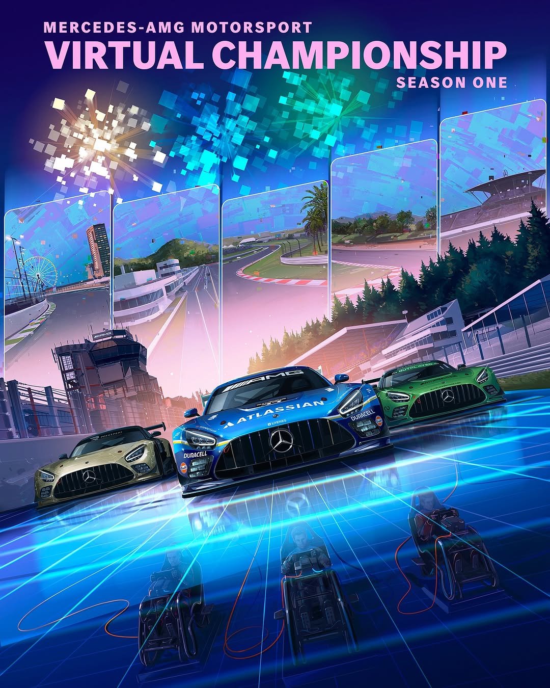 Photo shared by Mercedes-AMG Motorsport on November 13, 2025 tagging @mercedesamg, @iracingofficial, @thegranturismo, @moritzloehner, @assettocorsa, @alebico, @valeriogallo26, and @rennsport_gg. May be an image of racing vehicles, race car, poster and text that says 'MERCEDES-AMG MOTORSPORT VIRTUAL CHAMPIONSHIP SEASON ONE CAAESS DUBBICTIA 香'.