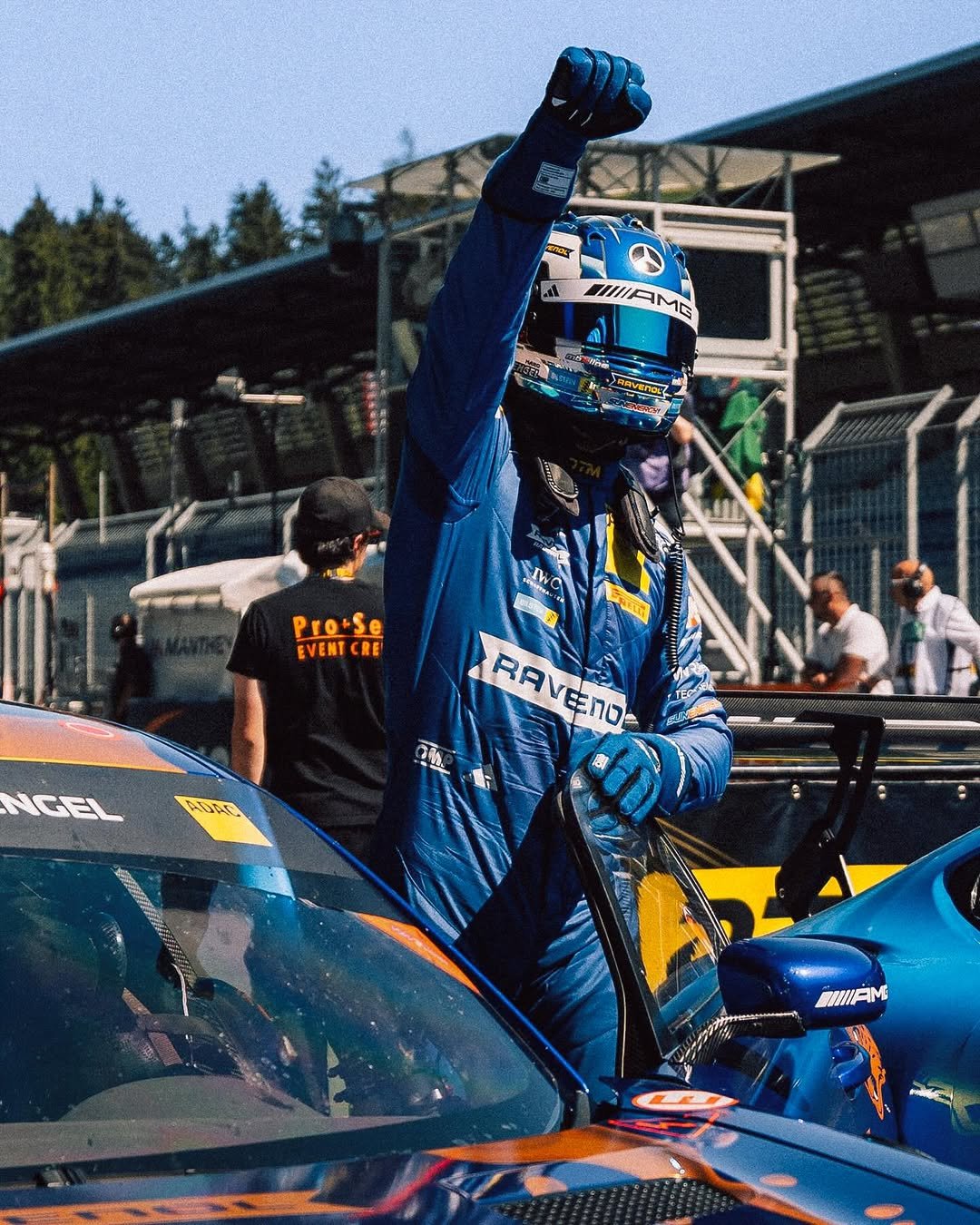 Photo shared by Mercedes-AMG Motorsport on April 26, 2026 tagging @ompracing, @redbullring, @maroengel, @dtm.official, @winwardeurope, @ravenol.de, and @ravenolracingteam. May be an image of racing vehicles, race car, helmet and text.