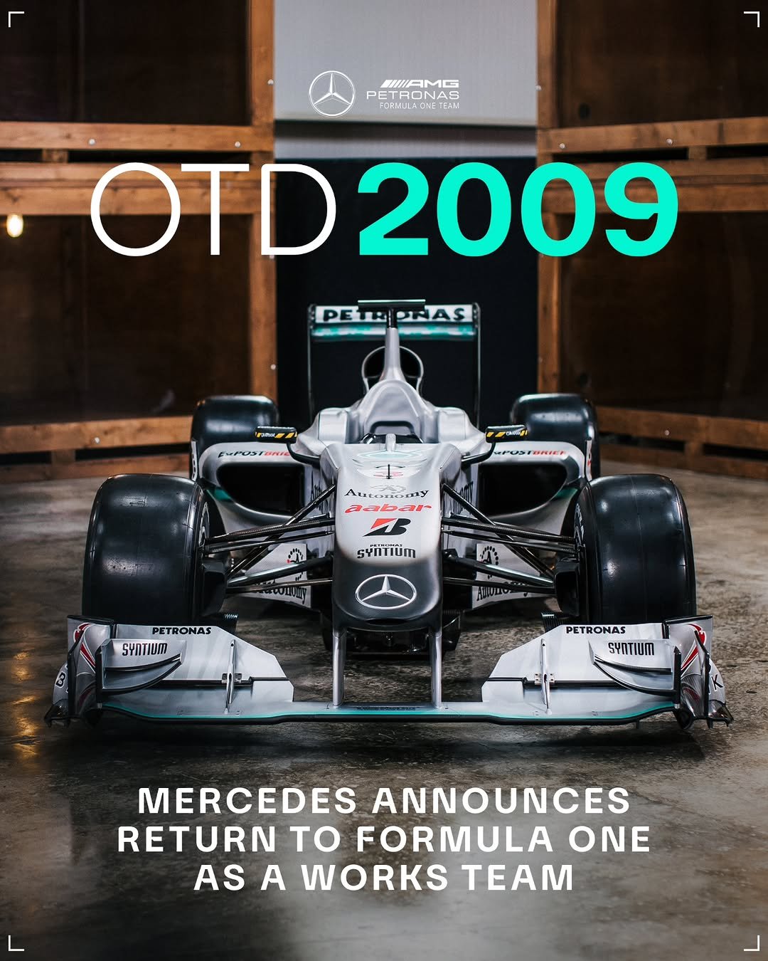 An graphic featuring an image of the Mercedes W01 Formula 1 Car. There is text that reads 'On This Day: 2009 - Mercedes Announce Return to Formula One'