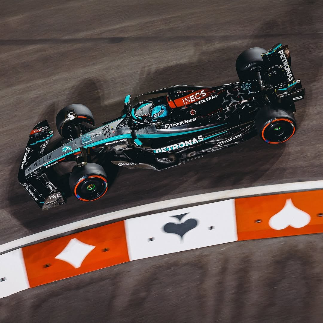 Photo by Mercedes-AMG Motorsport in F1 Las Vegas with @mercedesamgf1, @georgerussell63, @f1, and @f1lasvegas. May be an image of racing vehicles, race car and text.