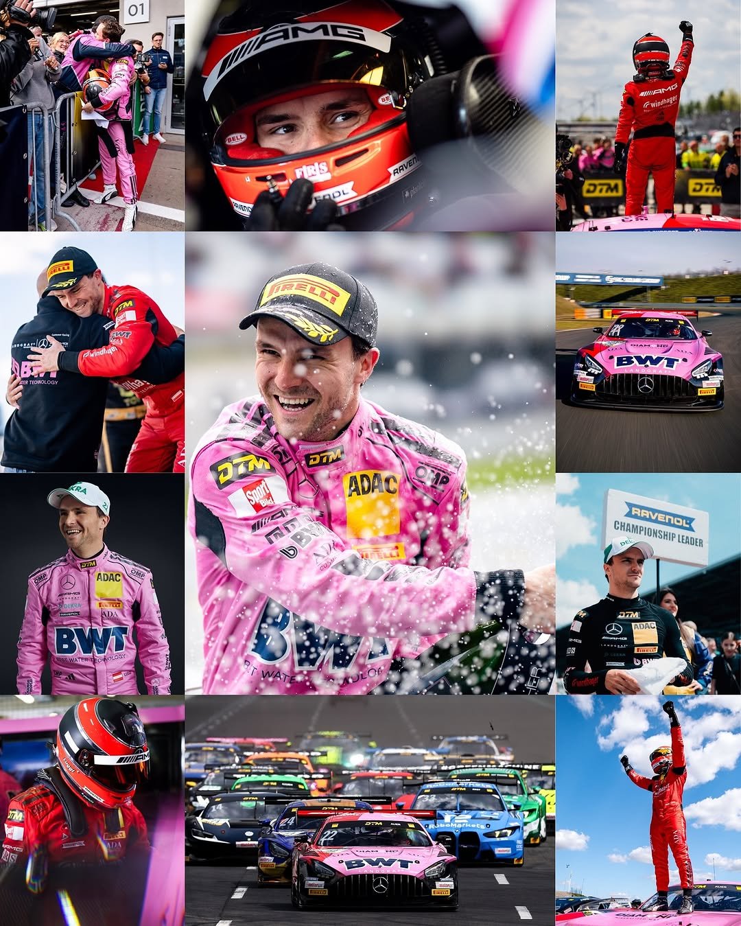 Photo shared by Mercedes-AMG Motorsport on October 02, 2025 tagging @ompracing, @dtm.official, @luggiauer, @bwtglobal, @bwtaustria, @landgraf_group, @windhagerdieheizung, and @adidasmotorsport. May be an image of 13 people, people racing vehicles, race car and text.