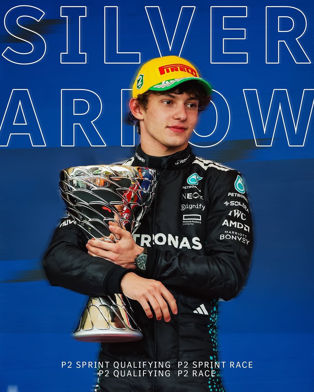 Photo shared by Mercedes-AMG Motorsport on November 10, 2025 tagging @mercedesamgf1, @mercedesamg, @mercedesbenzbrasil, @f1, and @kimi.antonelli. May be an image of ‎racing vehicles, race car, helmet, poster and ‎text that says '‎SILVER ER FIREDO ARI ARIW UW fowes תישל OETAON VECI ふルルを Dignify PETROK ROH PET IWC ASOLES SOLERA AMDA BONVOY MARRICTT 31い61場 TRIONAS P2 SPRINT QUALIFYING P2 SPRINT RACE P2 QUALIFYING P2 2RACE‎'‎‎.