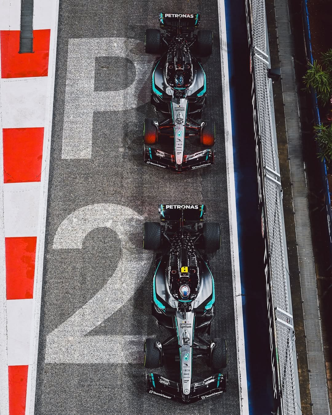 Photo shared by Mercedes-AMG Motorsport on December 07, 2025 tagging @mercedesamgf1, @mercedesamg, @georgerussell63, @f1, and @kimi.antonelli. May be an image of racing vehicles, race car and text.