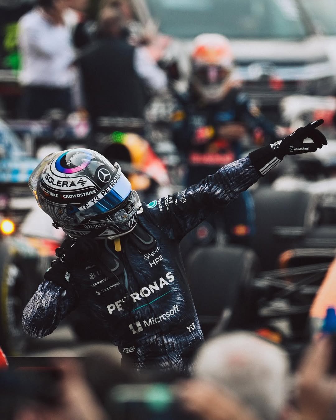 Photo shared by Mercedes-AMG Motorsport on March 29, 2026 tagging @mercedesbenz, @mercedesamgf1, @mercedesamg, @f1, @mercedesbenzjapan, and @kimi.antonelli. May be an image of racing vehicles, race car, helmet and text that says 'CienatsApp SOLERA ۳۰ TRAKE CROWDSTRIKE CROWDSTRIKE OSTRI PE TRONA G2Y3 Y3 PEA ROW Oignif Oig HPE RONAS Microsoft Microsoft Y3 y3'.