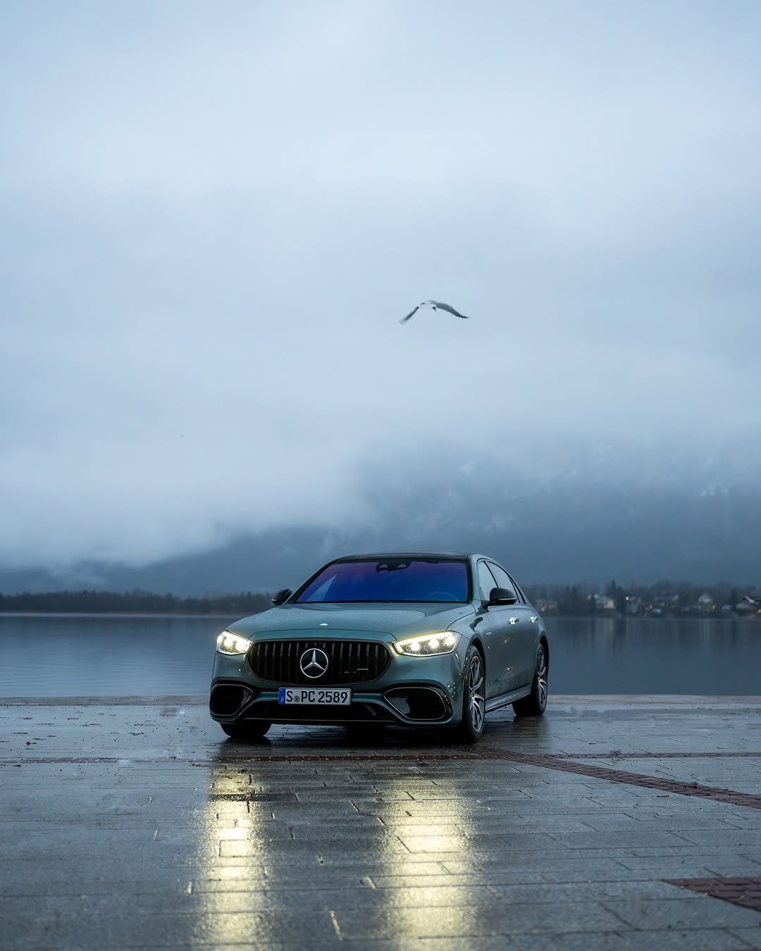 A sleek green Mercedes-Benz S-Class parked on a wet, reflective surface near a lake. The sky is overcast with fog, and a solitary bird flies overhead. Mountains are visible in the background, adding to the serene atmosphere.