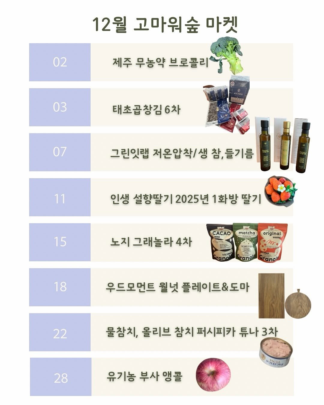 Photo by 고마워숲 박현진 on December 04, 2025. May be an image of tofu, onion and text that says '12월 12 고마워숲 마켓 02 제주 무농약 브로콜리 03 태초곱창김6 6차 07 그린잇랩 저온압착/생 참, 참,들기름 11 인생 설향딸 기 2025년 1화방 딸기 15 CACAO 노지 그래놀라 4차 matcha original 18 우드모먼트 월넛 플레이트&도마 플레 22 물참치, 올리브 참치 퍼시피카 튜나 3차 28 유기농 부사 앵콜 หวนม่ขิ่งน'.