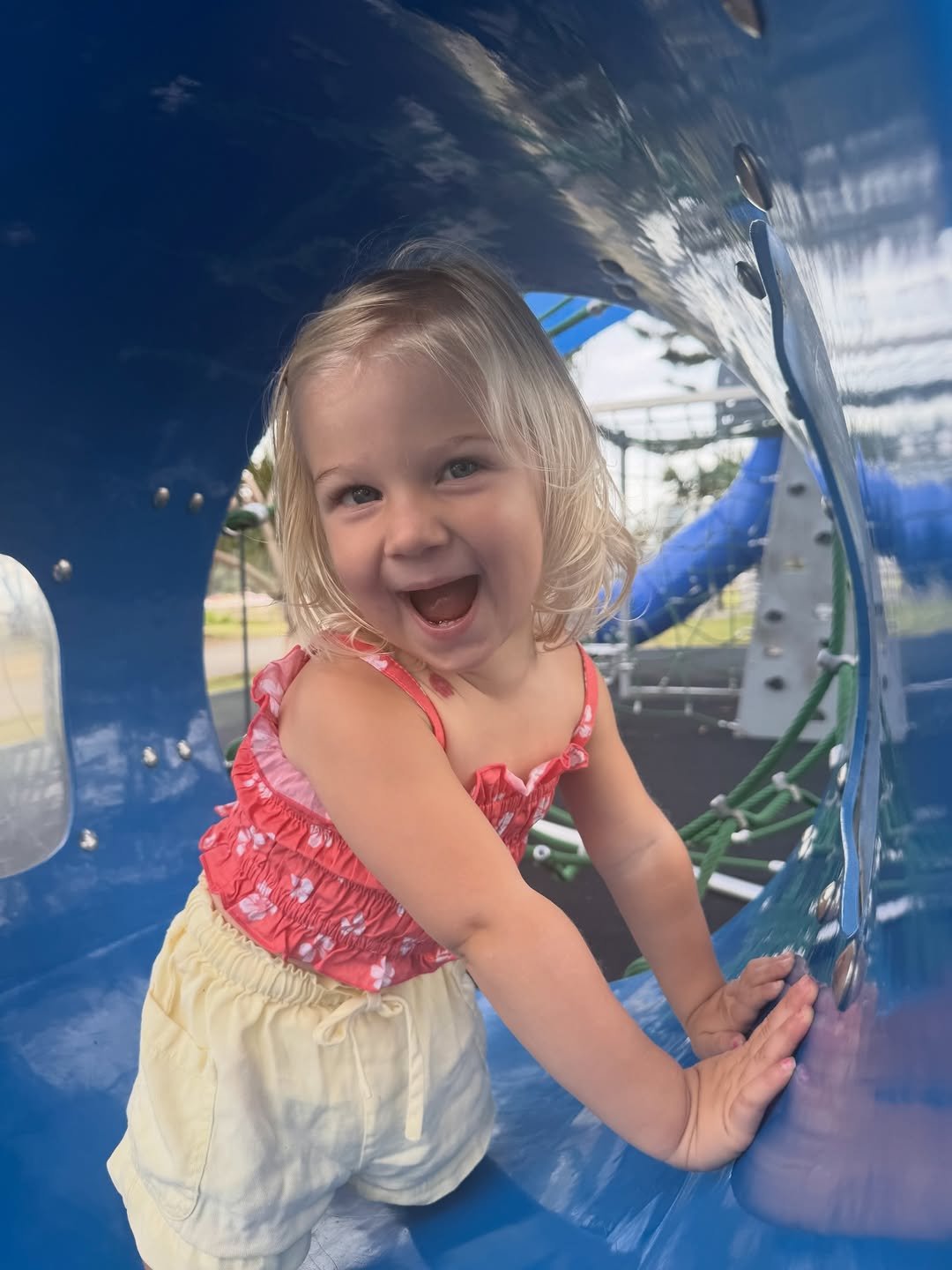 Photo by Mick Fanning on April 04, 2026. May be an image of baby, trampoline, slide, park and text.