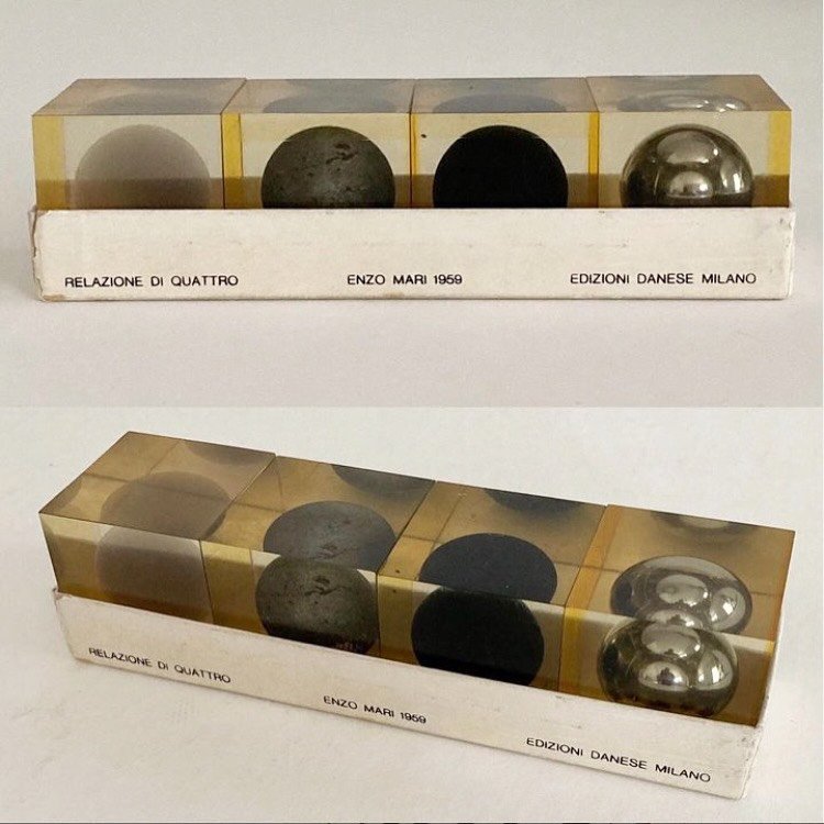 Photo by Micah Lexier on April 21, 2026. May be an image of childrens toy, napkin ring, box, paper weight and text that says 'RELAZIONEDI RELAZIONEDIQUATTRO DI QUATTRO ENZO MARI ENZOMARI1959 1959 EDIZIONI DANESE EDIZIONIDANESEMILANO MILANO RELAZIONE OH QUATTRO PELAZIONEHQUATIO TRO ENZO MARI ARI1060 1060 EDIZIONI DANESE MILANO'.