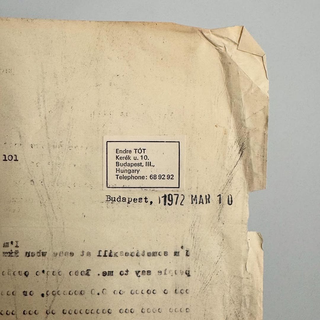 Photo by Micah Lexier on November 07, 2025. May be an image of newspaper, typewriter, crossword puzzle and text that says '101 Endre TόT Kerék Budapest, II., Hungary Telephone: 68 92 92 Budapest, 1972 MAR 1 10 O 拉工 전강로 nodw yees 3岛 Ilixsocidence 無い E arro corec cecz ・号班 oけ ਦ.8 sicesy •Ceeaaca 0.C ) oocoO O ice GeCCCaCCO COo Co0o CGLD'.