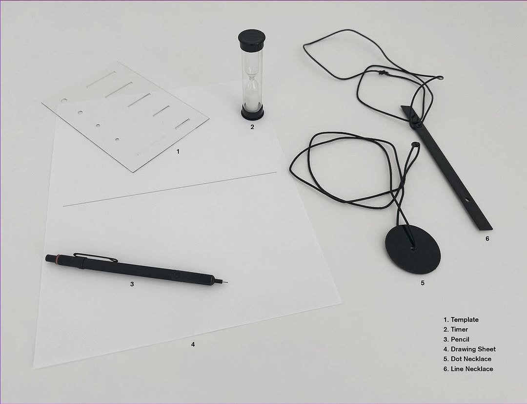 Photo by Micah Lexier on November 06, 2025. May be an image of ‎eyeglasses, eraser, ruler, pencil, pen, timer, thermometer, sharpener and ‎text that says '‎3 3 6 5 1. Template 2. Timer ي 3. .Pencil 4. 4 4. Drawing Drawing Sheet 5. Dot Necklace 6. Line Necklace‎'‎‎.