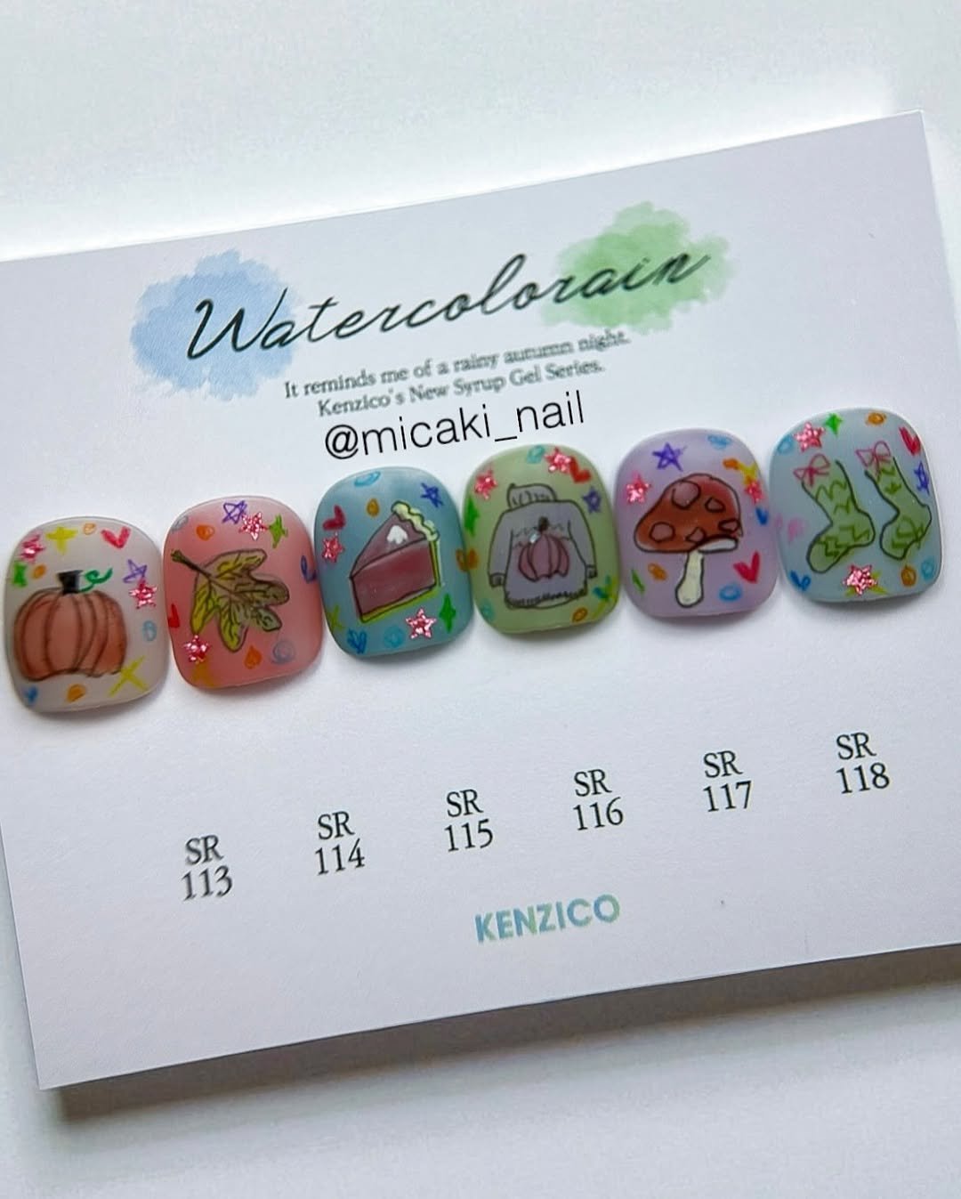 Photo shared by Mica Nail     Kakao Id*~micaki on September 27, 2025 tagging @cheeu_salon, @micaki_nail, @make.n_shop, @cheeu_market, @kenzico_korea, @a.shining_moment, and @hi_hi_nail. May be an image of one or more people, fingernails and text that says 'Watercolorain of ralny สนอนดอก အဖြတ် reminds መሮ Gel Serles. It Kenzico's New y @micaki_nail _nail SR 114 SR 115 SR 116 SR 113 113 SR 117 SR 118 KENZICO'.