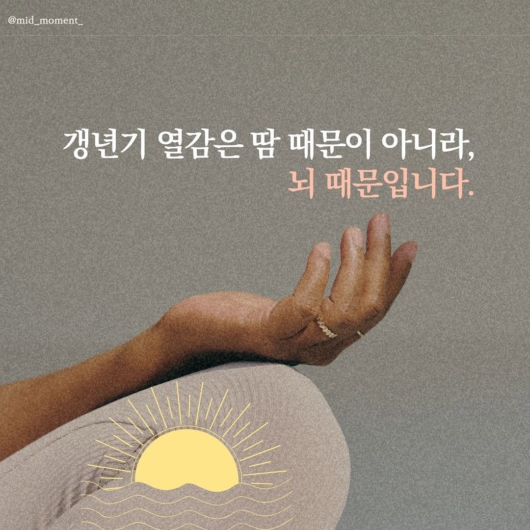 Photo shared by 우아한전환기_by미드모먼트 on July 24, 2025 tagging @mid_moment_. May be an image of 1 person and text that says '@mid mid_moment_ 갱년기 열감은 땀 때문이 아니라, 뇌 때문입니다.'.
