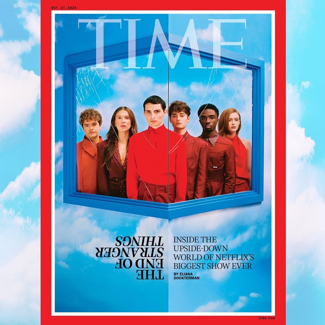 Photo by Millie Bobby Brown on October 16, 2025. May be an image of wrist watch, magazine, poster and text that says 'OCT. 2925 TIME TINIGS ΞΟWΝη HO αΝα THL INSIDE INSIDETHE TИE UPSIDE-DOWN WORLDOFNETFLIX'S WORLD BIGGESTSHOWEVER BIGGEST SHOW EVER DOCKTERMAN'.