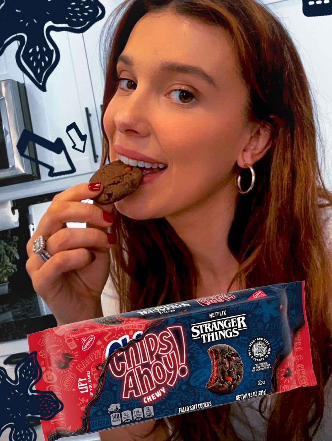 Photo shared by Millie Bobby Brown on October 21, 2025 tagging @chipsahoy. May be an image of ‎oatmeal cookies, chocolate bar, brownie, wafer and ‎text that says '‎소어 DARE) ChipS) Ahoy! CHEWY STRANGER THINGS NETFLIX LIFT YOUDARE) YO OU هه 聖農際鳳 FILLEDSOFTCOOKIES FILLEDS DD NETWT99021281g 1281gl‎'‎‎.
