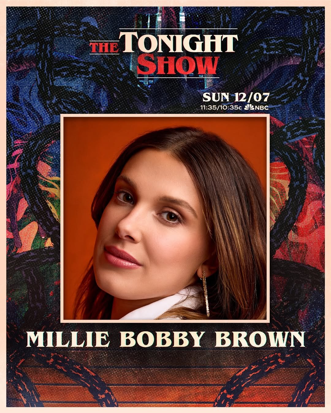 Photo by The Tonight Show in The Tonight Show Starring Jimmy Fallon with @jimmyfallon, @netflix, @strangerthingstv, @milliebobbybrown, and @fallontonightbts. May be an image of ‎microphone, poster, magazine and ‎text that says '‎THE TONIGHT SHOW SUN SUN12/07 12/07 11:35/10: 11:35/10:35cINBC /10 :35c SLNBC اهال MILLIE BOBBY BROWN‎'‎‎.