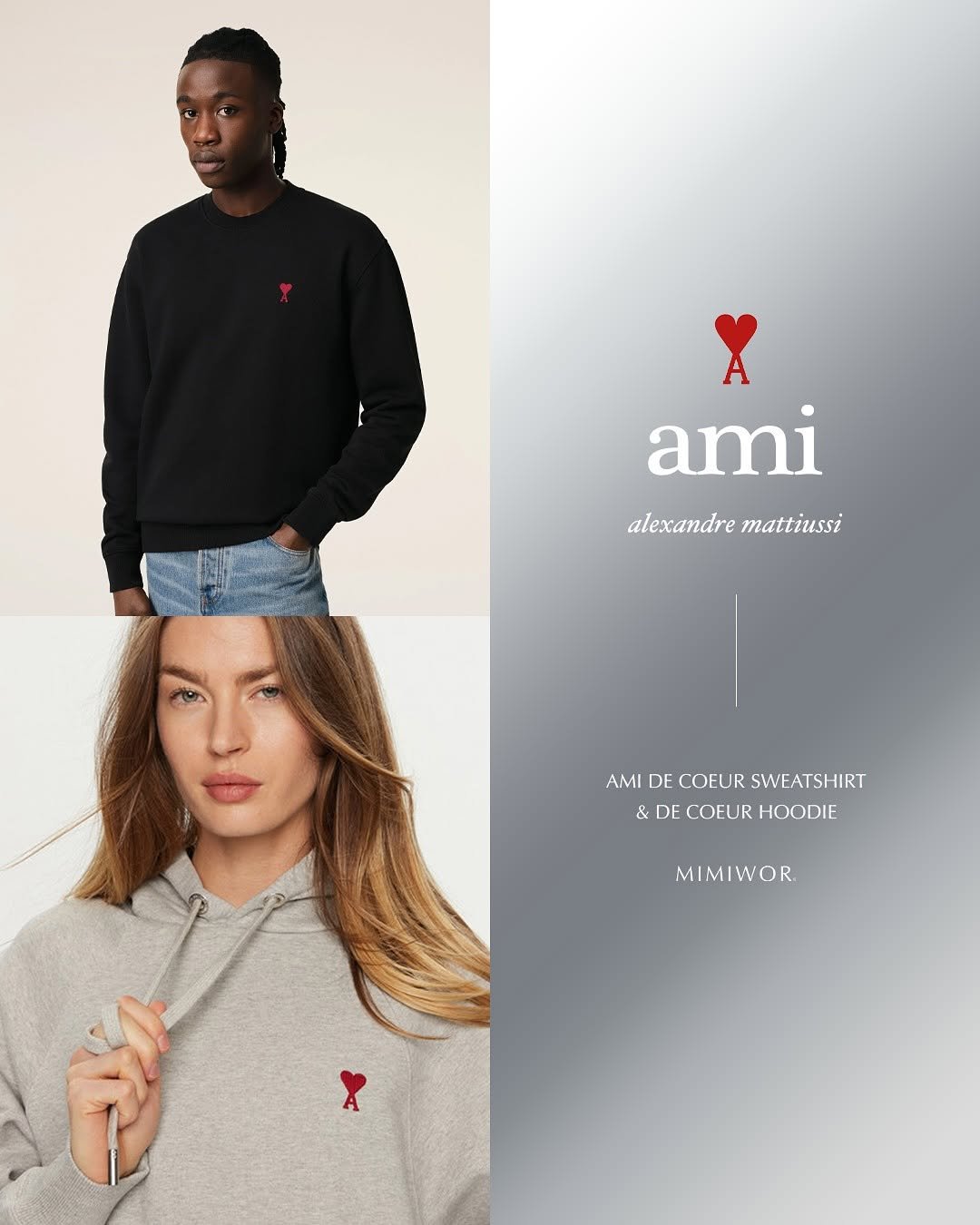 Photo by 김민희 on September 02, 2025. May be an image of 2 people, heart, sweater, fleece, sweatshirt and text that says 'ami alexandre alexandremattiussi mattiussi AMI AMIDECOFURSWEATSHIRT DE COFUR SWEATSHIRT & &DECOEURHOODIE & DE COEUR HOODIE MIMIWOR'.