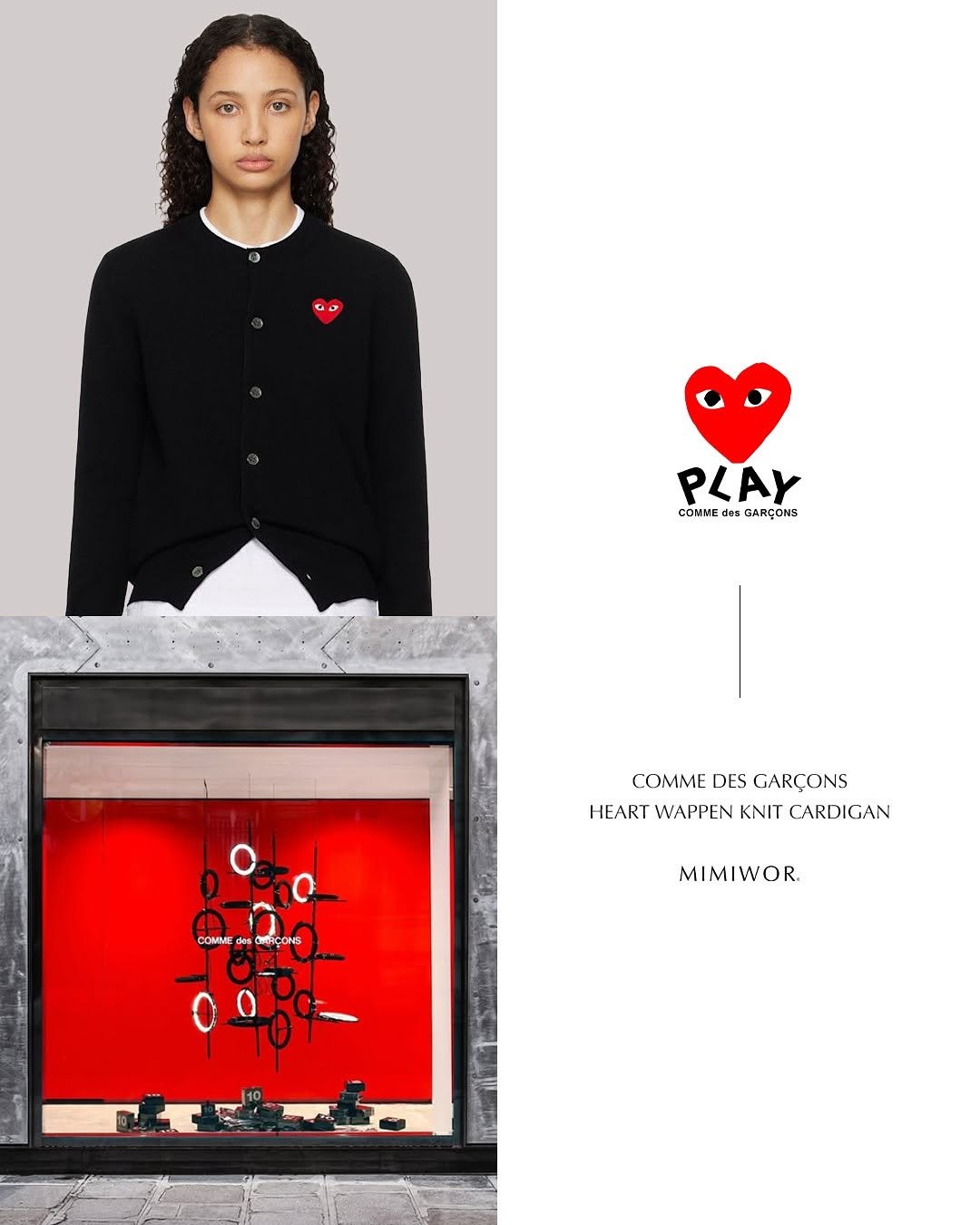 Photo by 김민희 on September 08, 2025. May be an image of 1 person, overcoat, cardigan and text that says 'PLAY COMИE das GARÇONS COMME DES GARÇONS HEART WAPPEN HEARTWAPPENKNITCARDICAN KNIT CARDIGAN coMu COMME MIMIWOR. 0'.